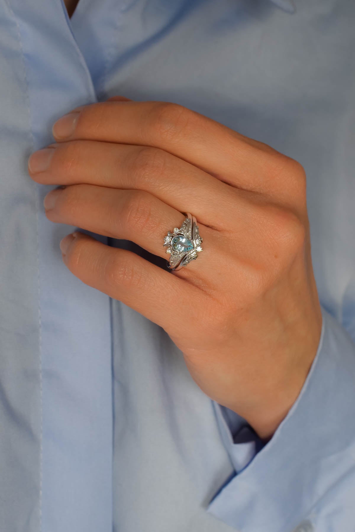 Aquamarine white gold ring set, pear cut/ Ariadne - Eden Garden Jewelry™