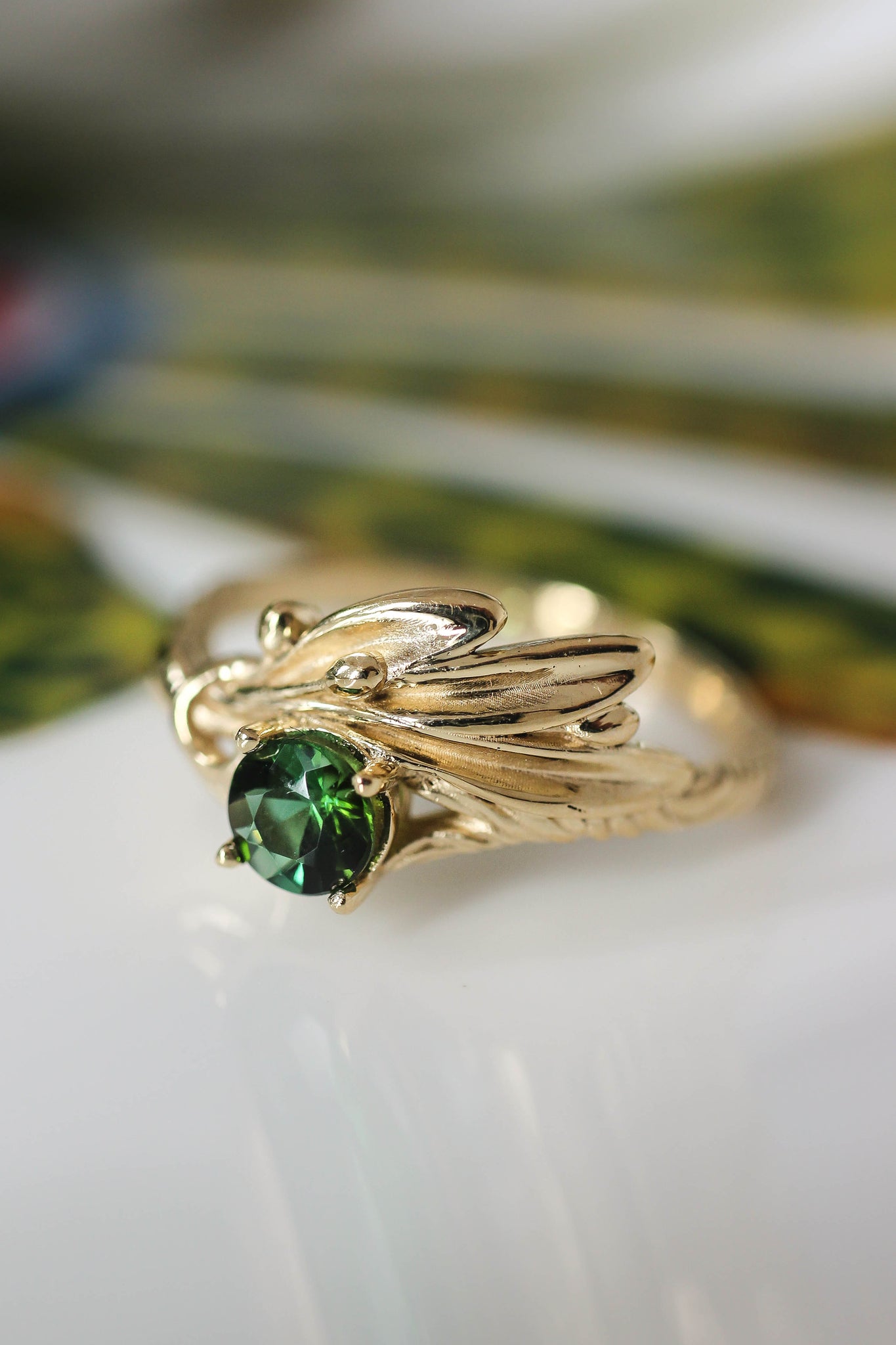 Olive branch ring with ribbon and green tourmaline - Eden Garden Jewelry™