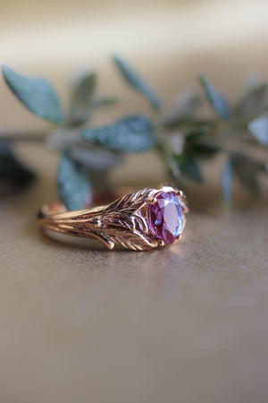 Pear alexandrite ring, gold leaves engagement ring / Wisteria - Eden Garden Jewelry™