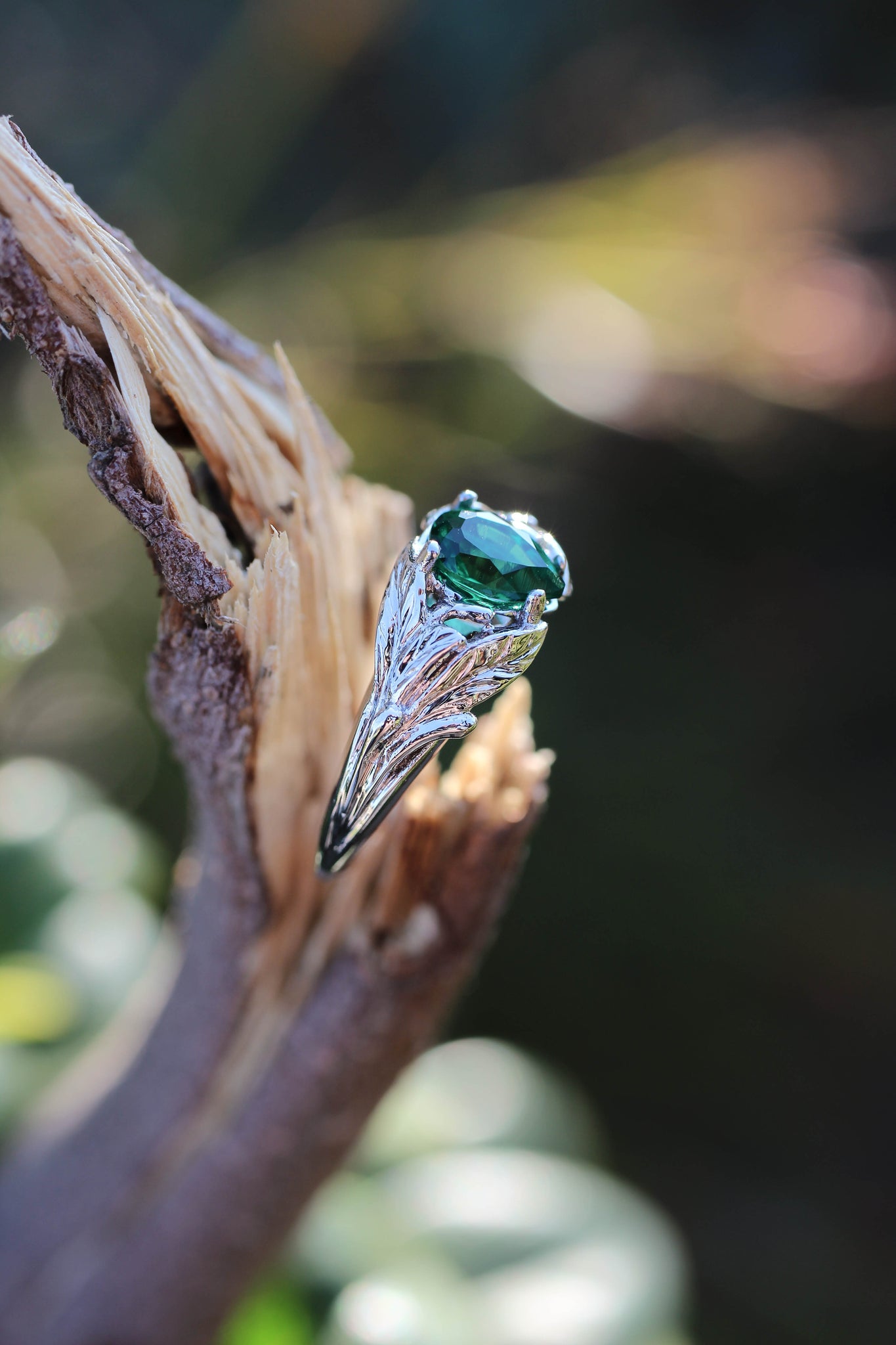 Pear cut emerald ring, leaves engagement ring / Wisteria - Eden Garden Jewelry™