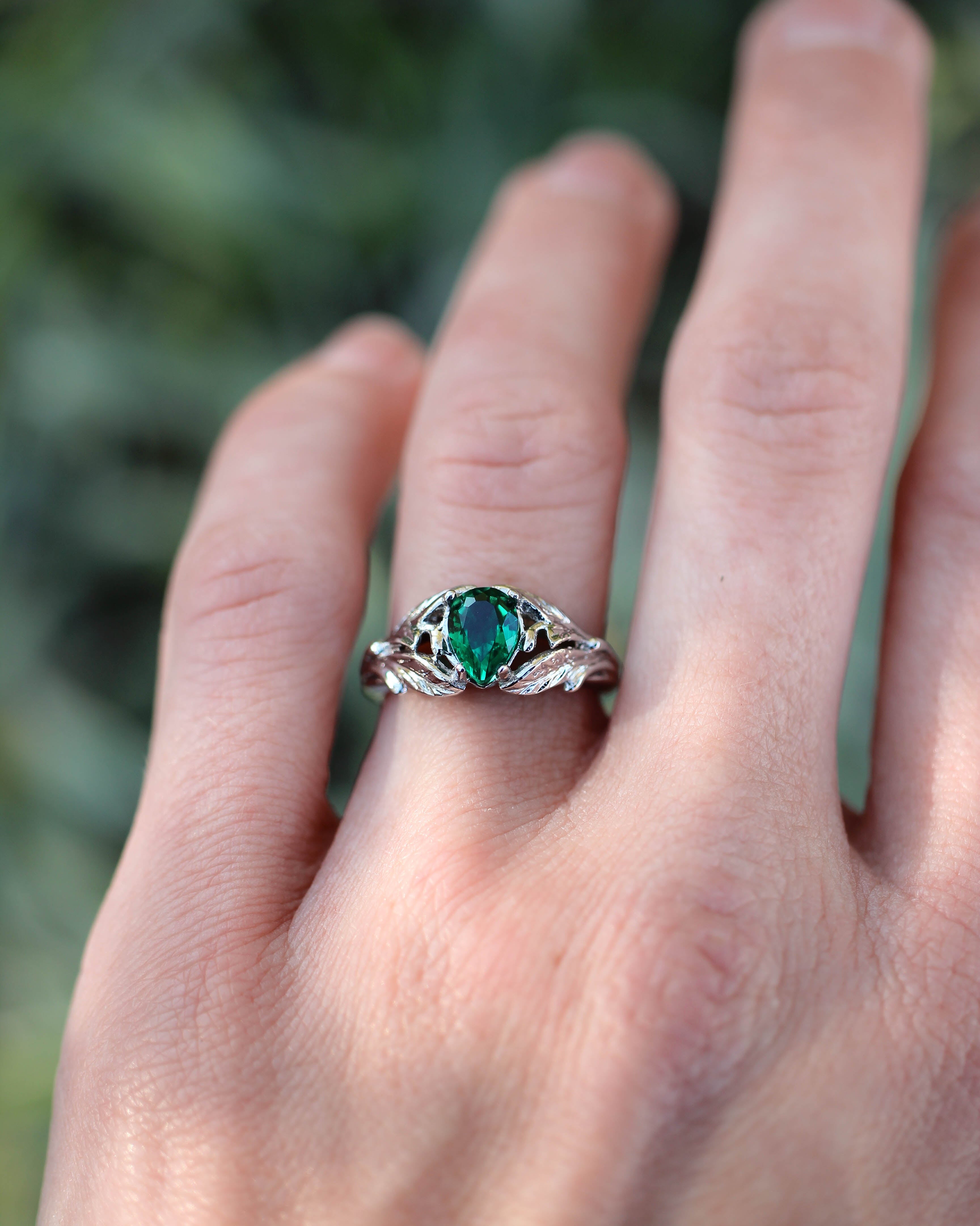 Pear cut emerald ring, leaves engagement ring / Wisteria - Eden Garden Jewelry™