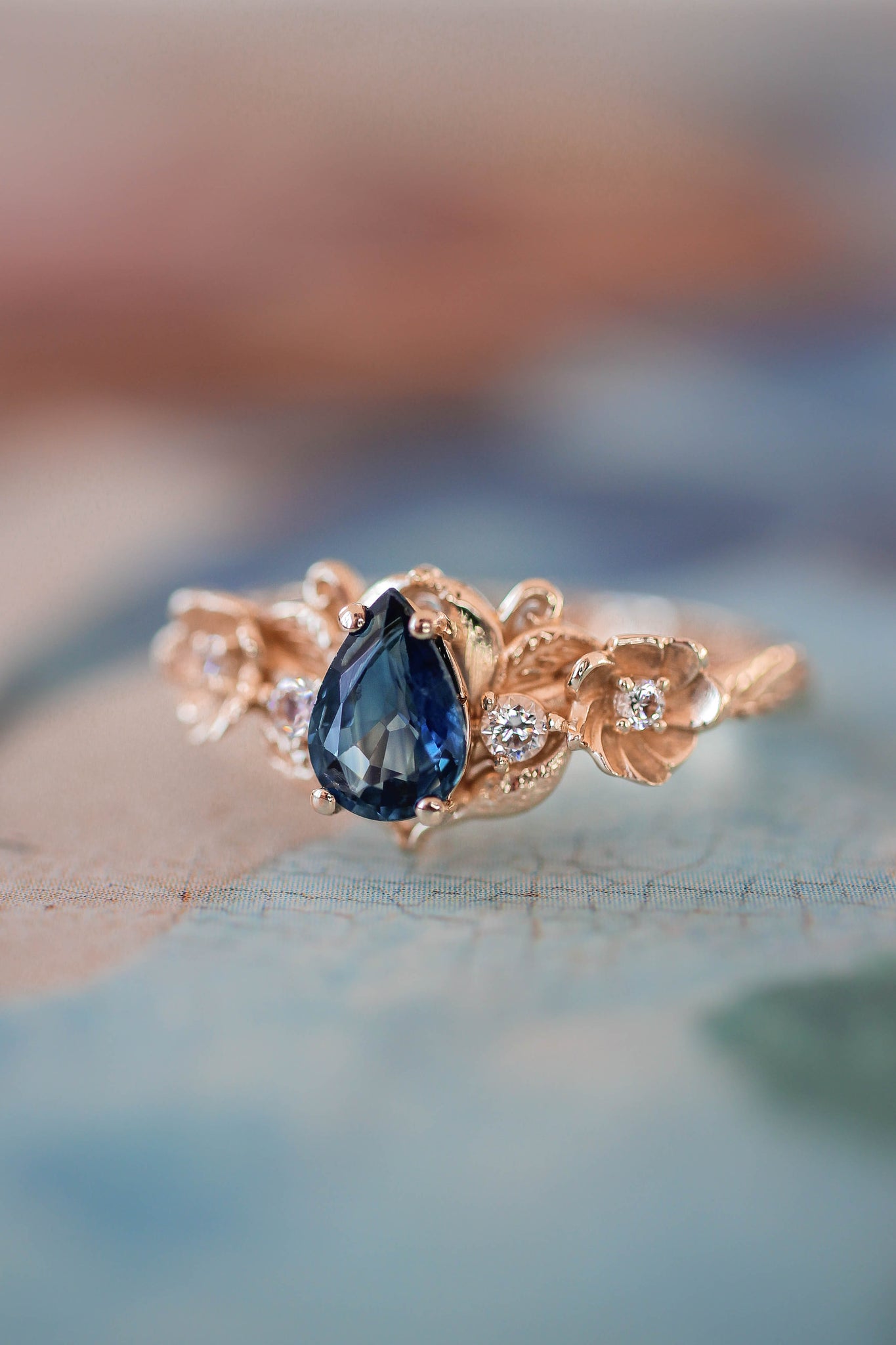 Sapphire and diamonds ring, flower engagement ring / Adelina - Eden Garden Jewelry™