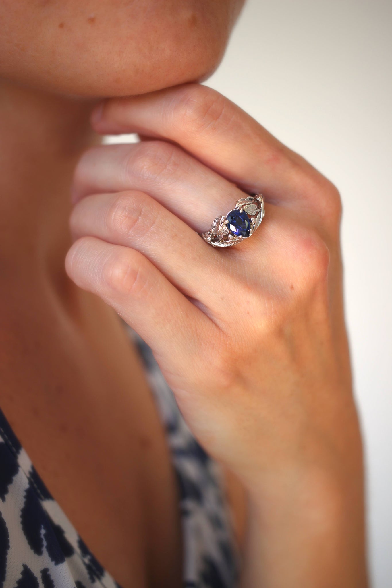 Lab sapphire engagement ring, leaves ring / Viola - Eden Garden Jewelry™
