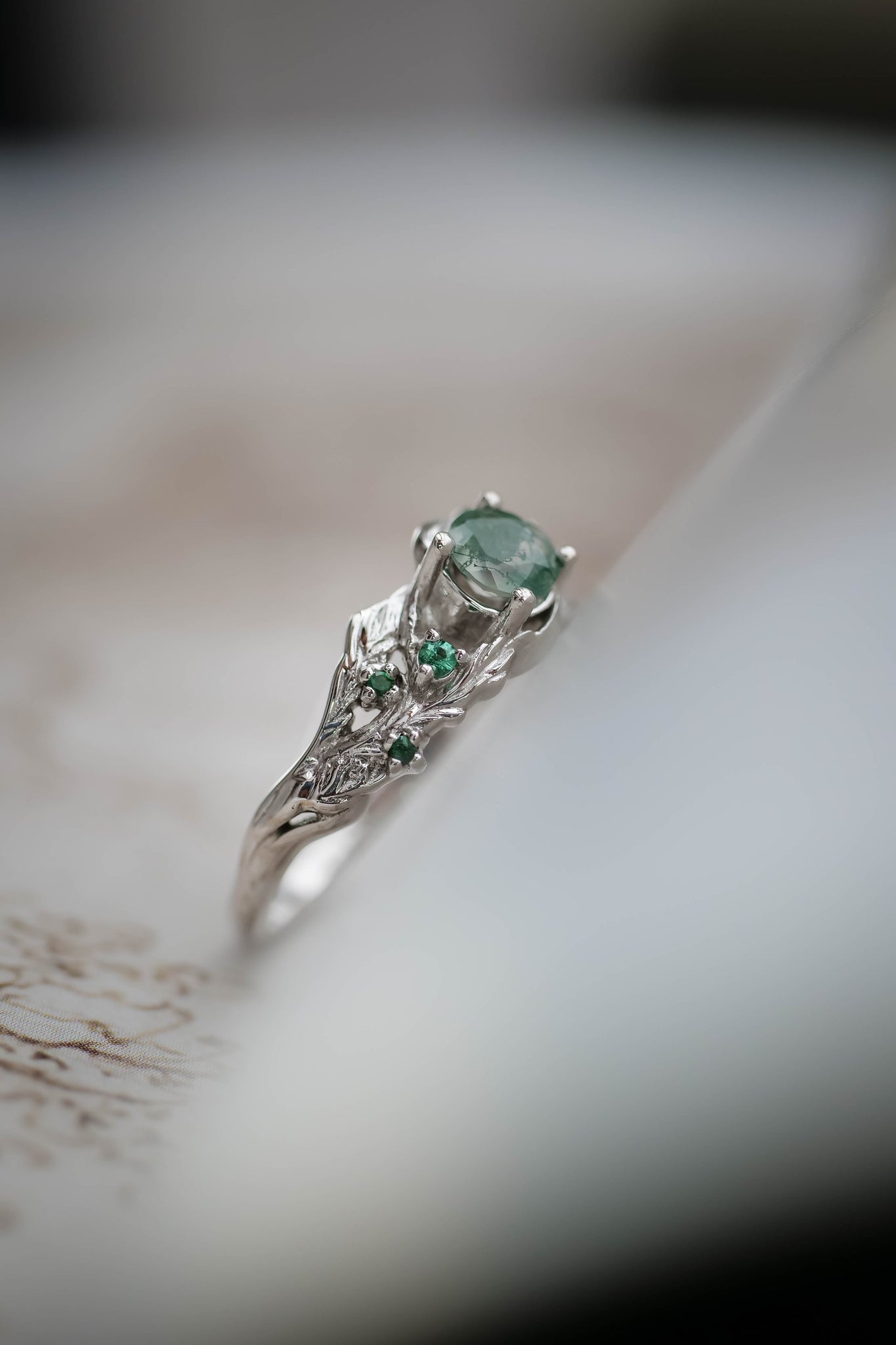 Moss agate & natural emeralds ring / Japanese Maple - Eden Garden Jewelry™
