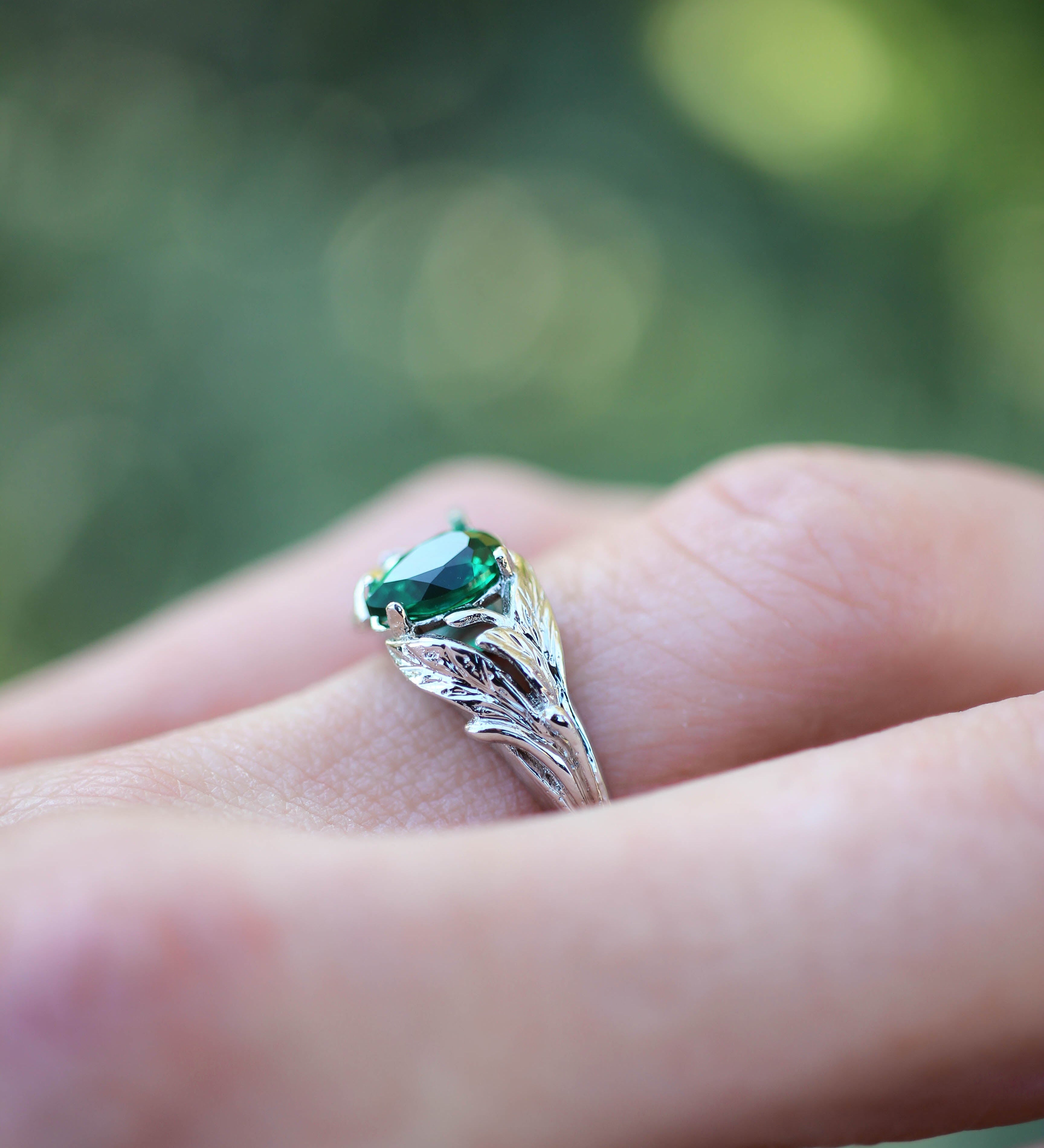 Pear cut emerald ring, leaves engagement ring / Wisteria - Eden Garden Jewelry™