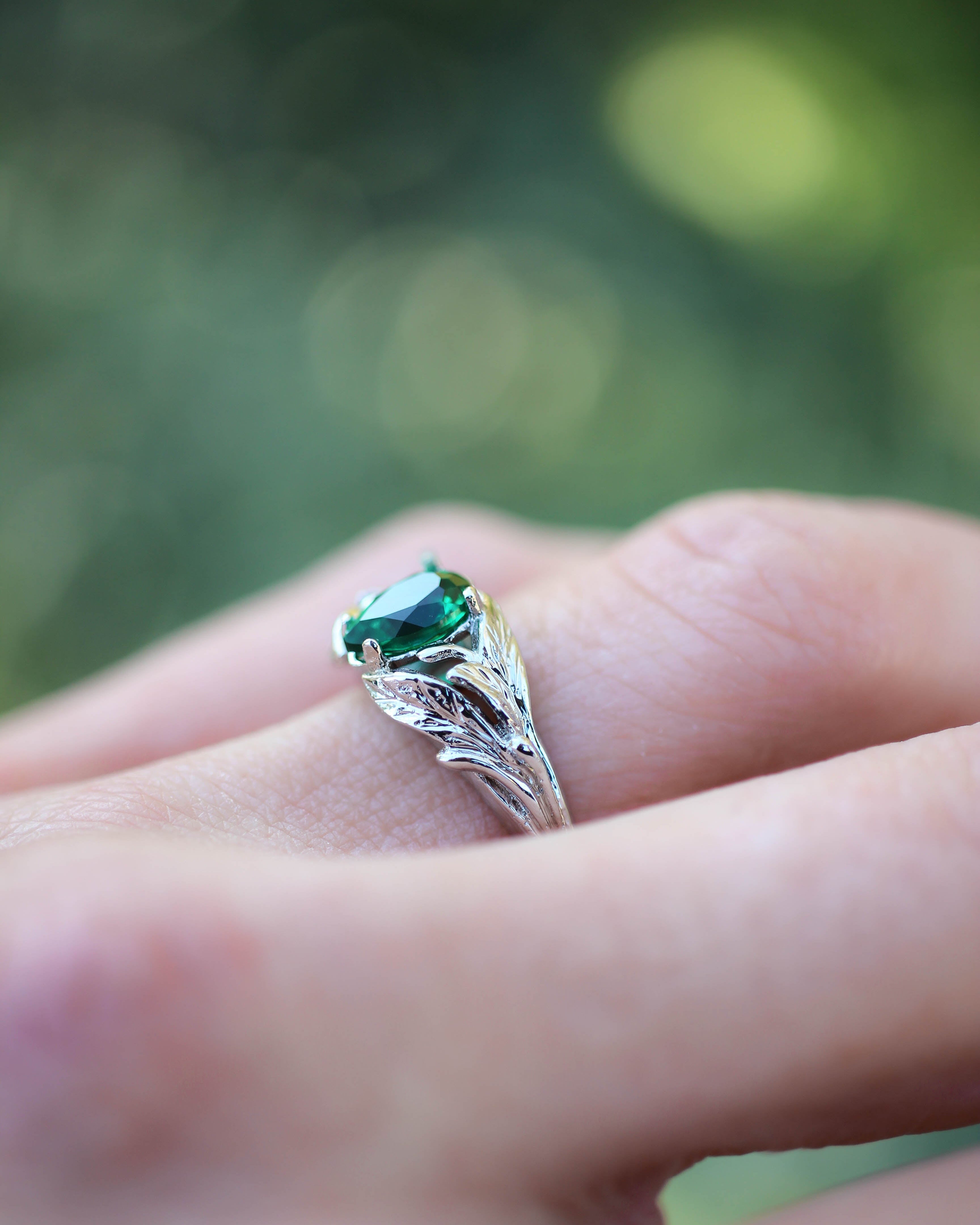 Pear cut emerald ring, leaves engagement ring / Wisteria - Eden Garden Jewelry™