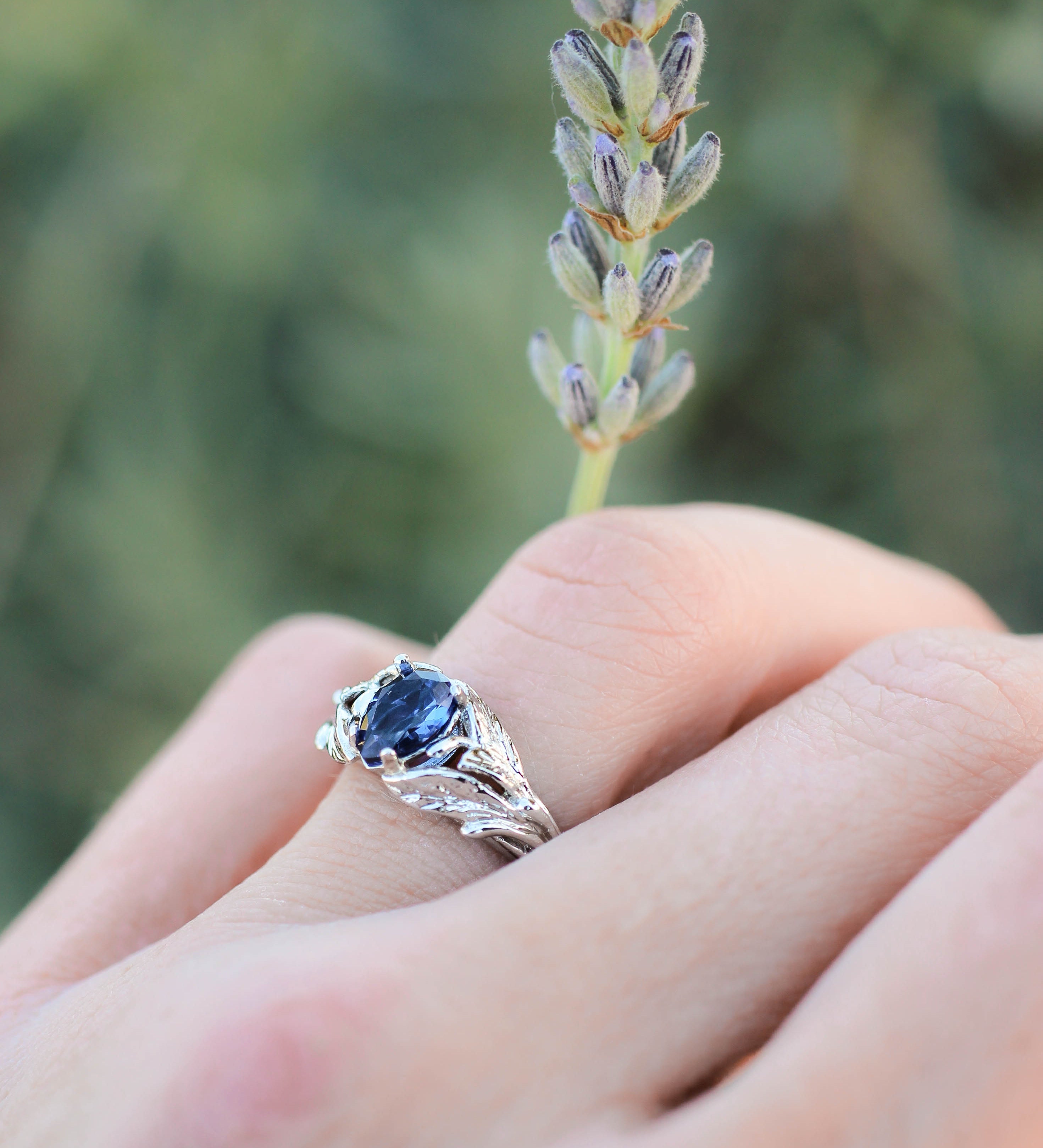 Pear cut sapphire ring, nature engagement ring / Wisteria - Eden Garden Jewelry™