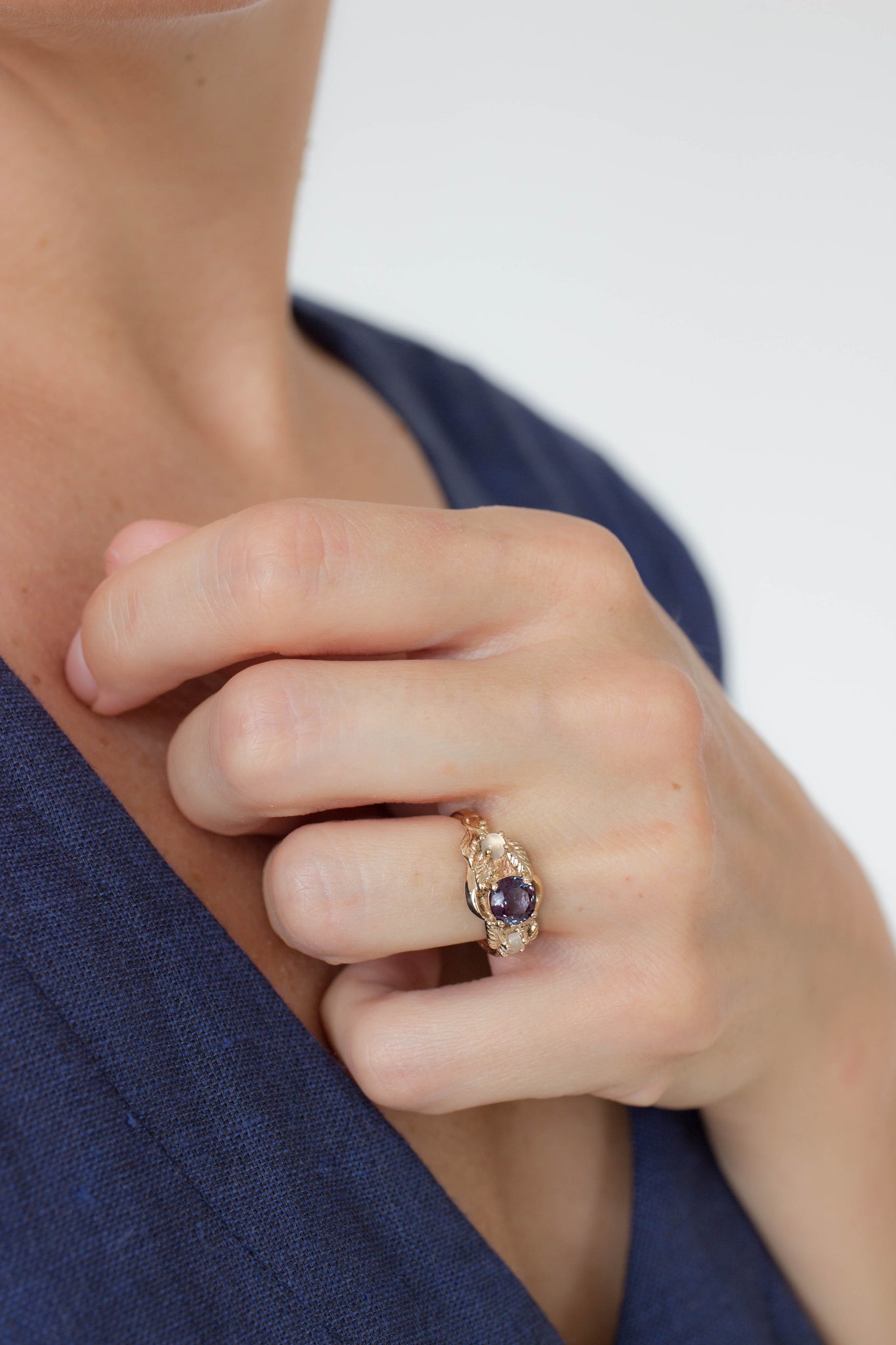 Unique lab alexandrite and moonstones engagement ring 