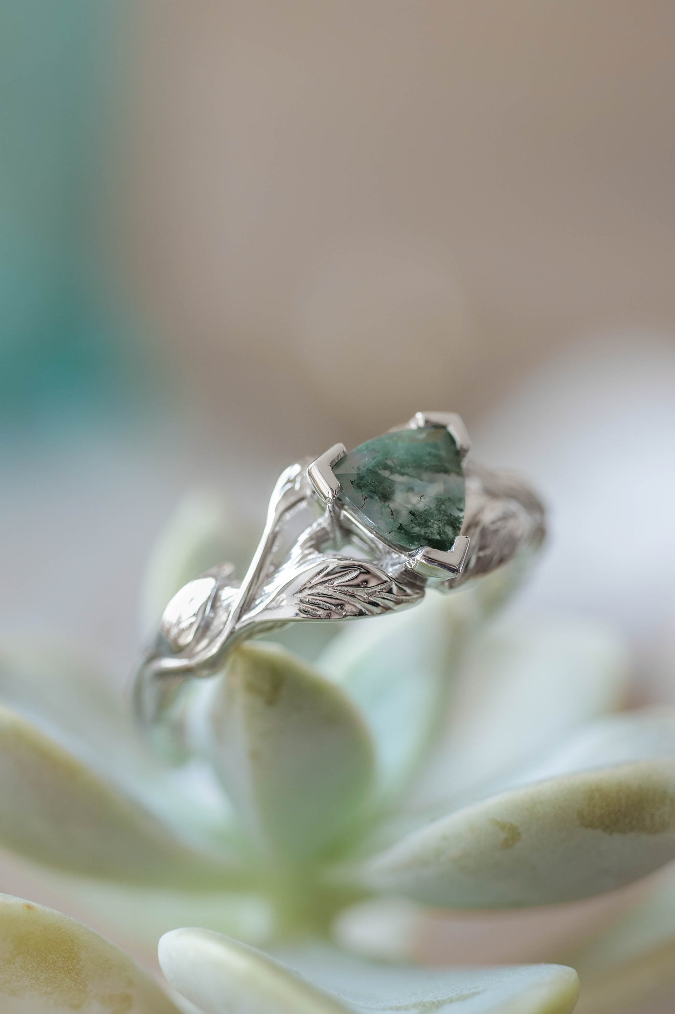 Trillion cut moss agate ring / Clematis - Eden Garden Jewelry™