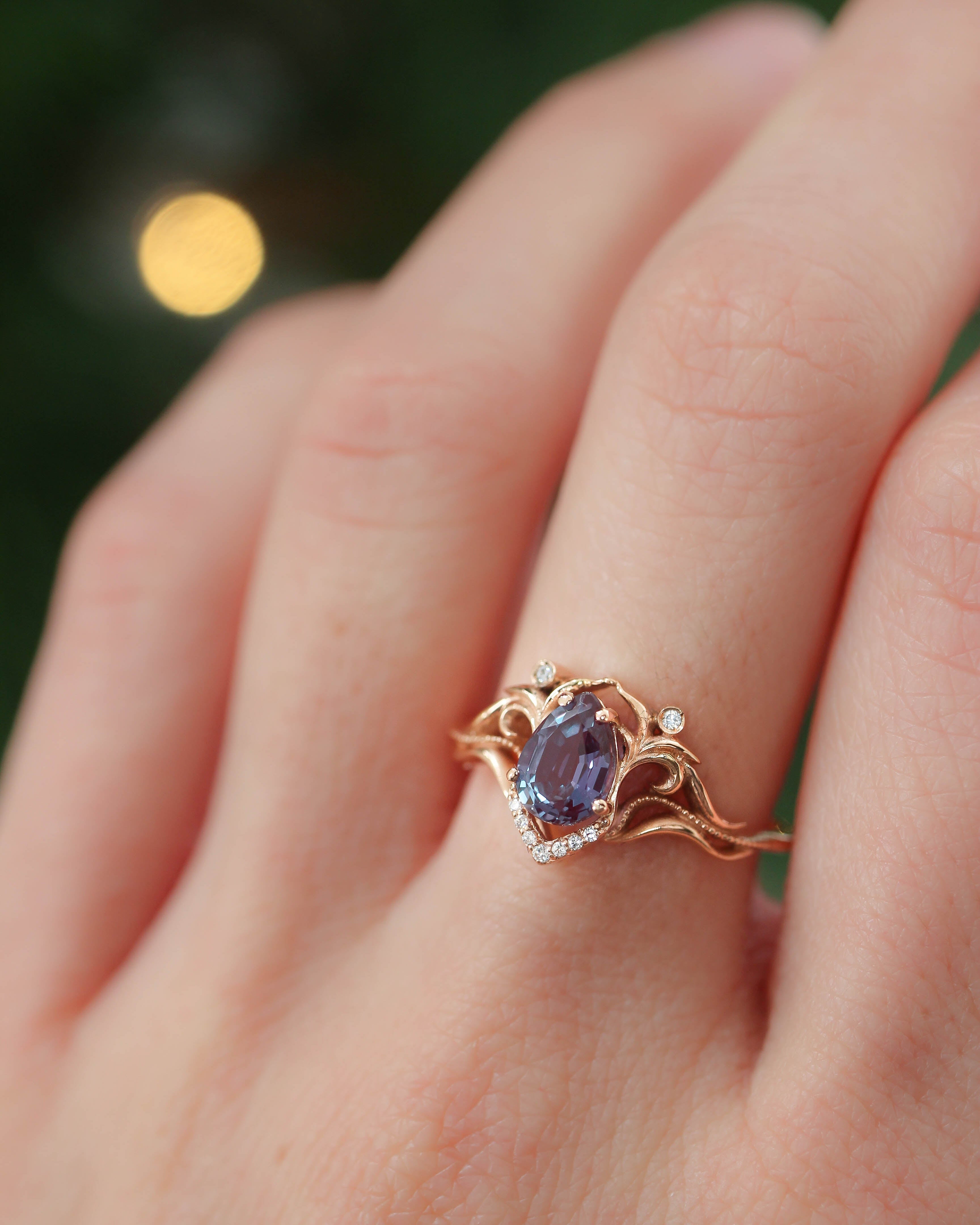 Pear cut alexandrite and diamonds engagement ring / Lida - Eden Garden Jewelry™