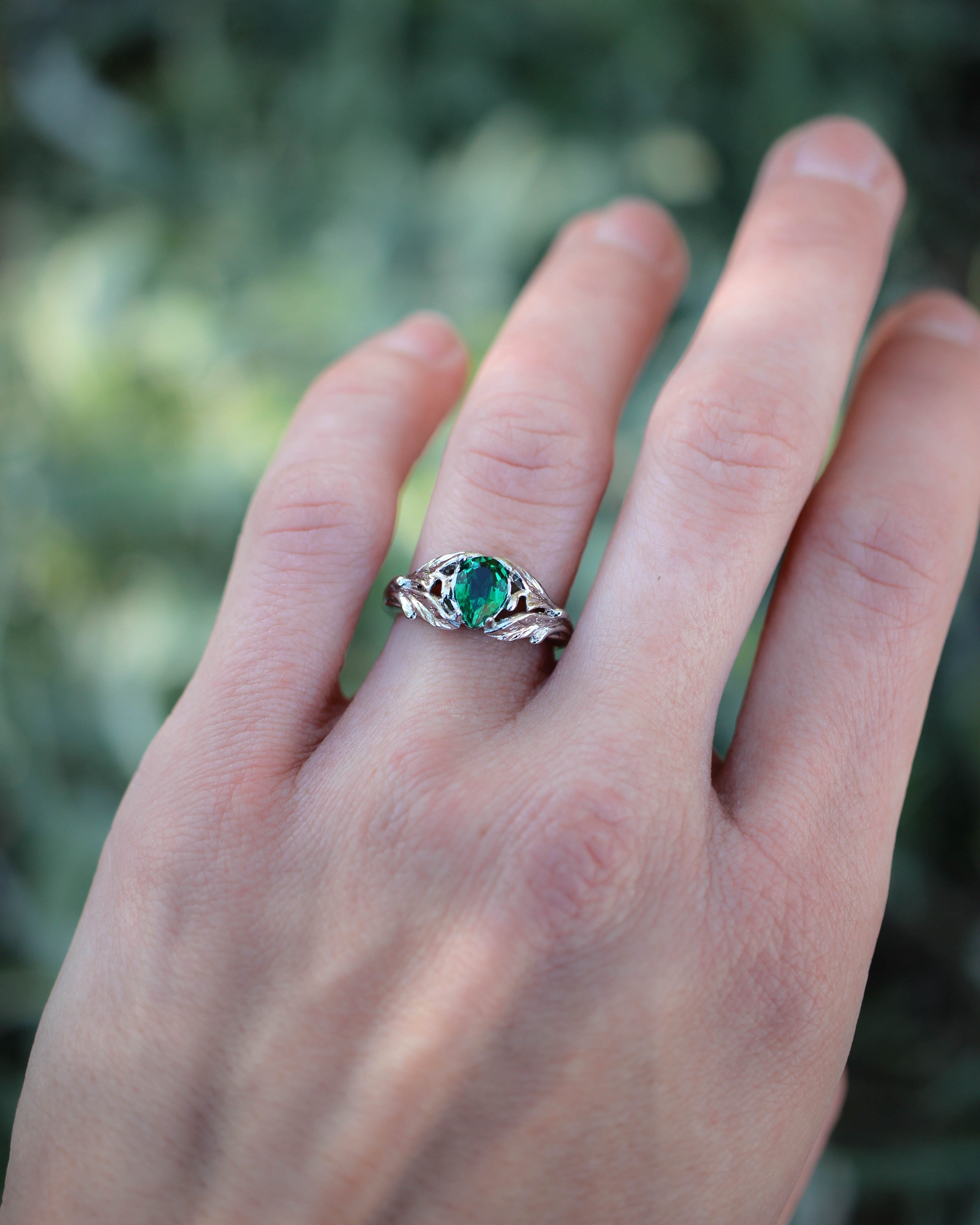 Pear cut emerald ring, leaves engagement ring / Wisteria - Eden Garden Jewelry™