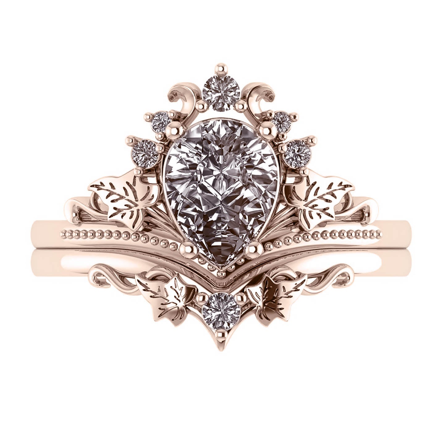 Ariadne | bridal ring set, pear cut 8x6 mm gemstone setting - Eden Garden Jewelry™