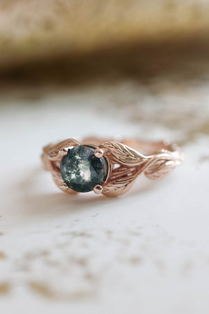 Moss agate gold leaf engagement ring / Clematis - Eden Garden Jewelry™
