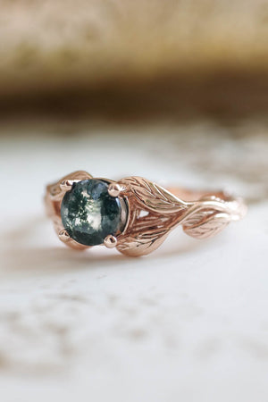 Round moss agate leaf engagement ring / Clematis - Eden Garden Jewelry™