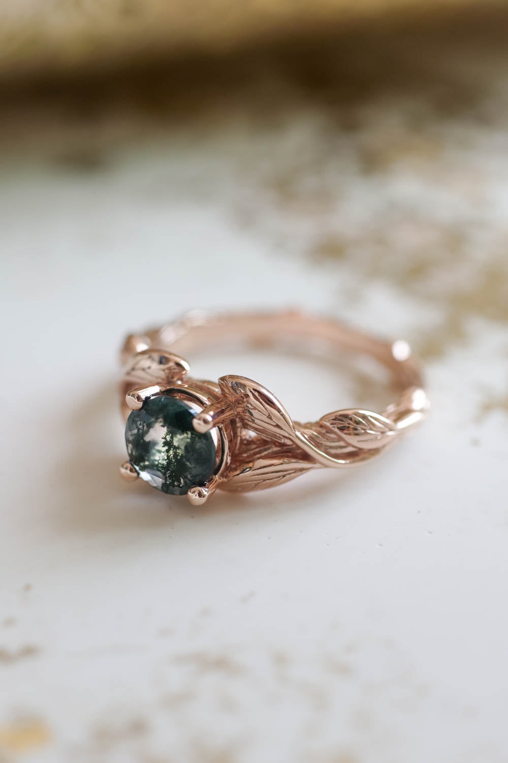 Moss agate gold leaf engagement ring / Clematis - Eden Garden Jewelry™