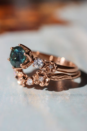 Bridal set with 1 ct teal sapphire and diamonds - Eden Garden Jewelry™