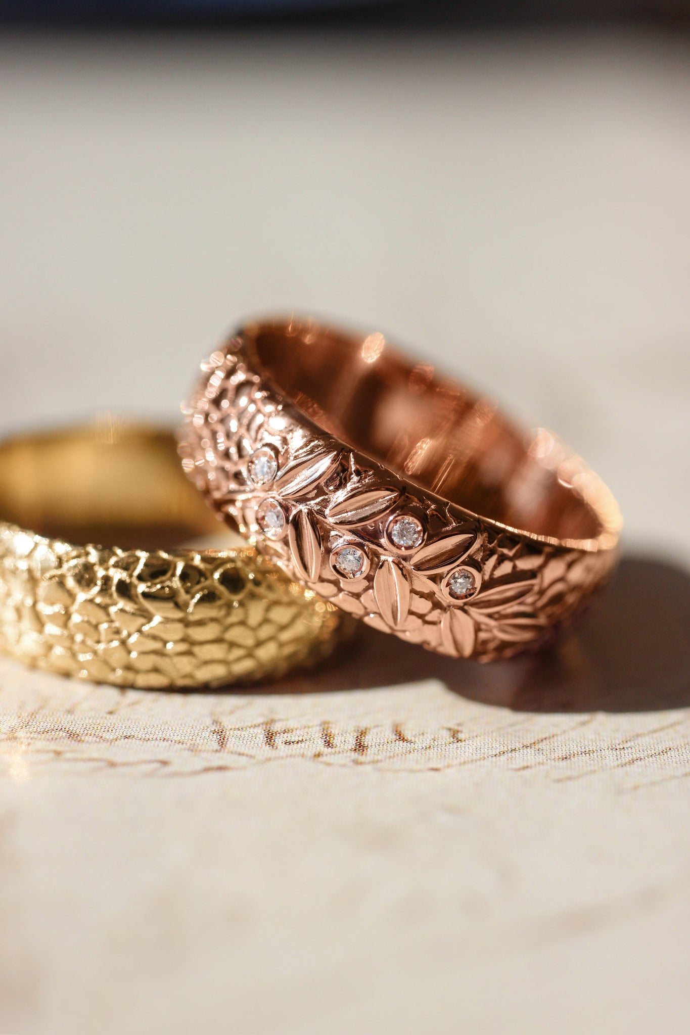 Wedding bands set for couple, textured rings with olive branch - Eden Garden Jewelry™
