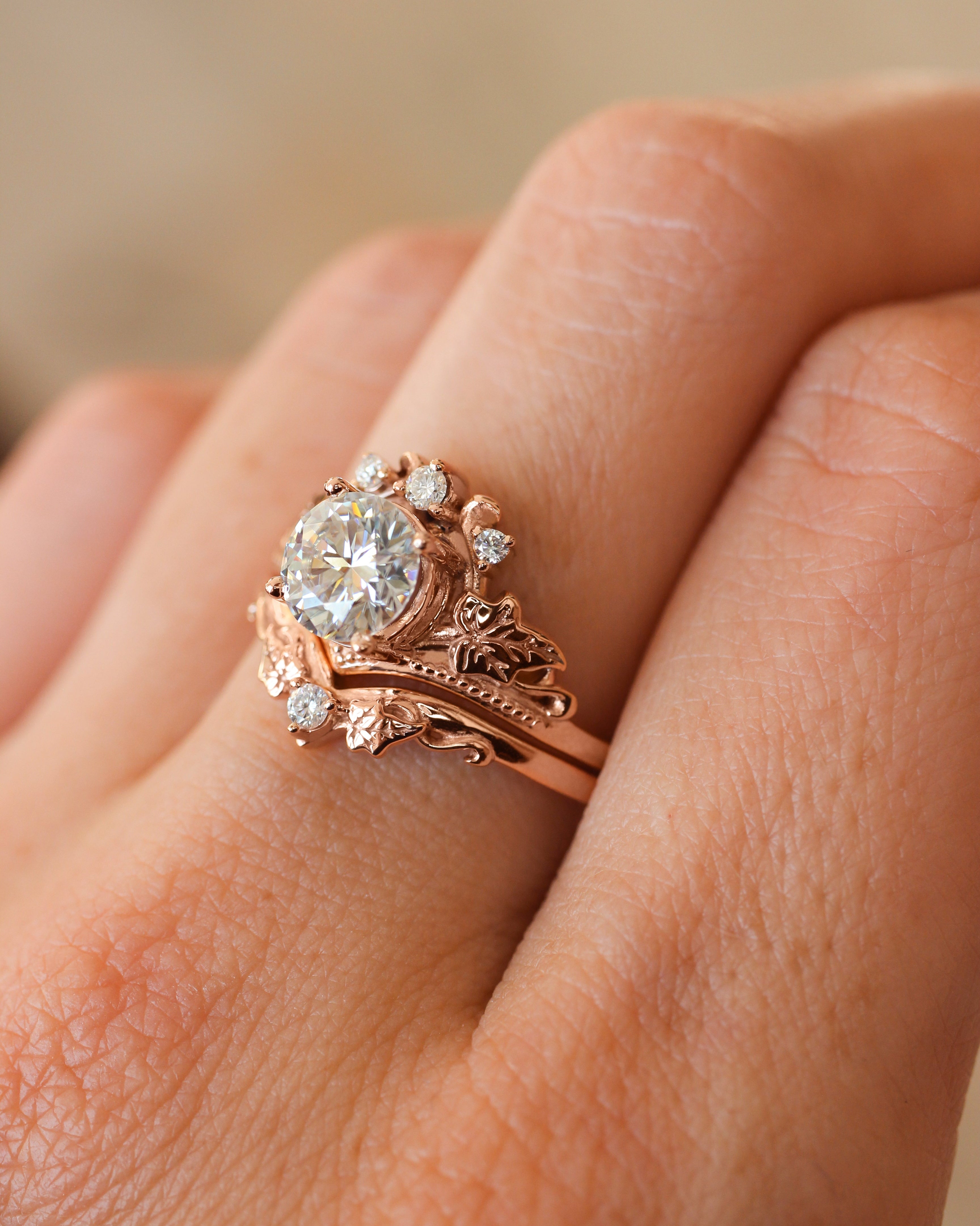 Bridal ring set with 1 carat moissanite / Ariadne - Eden Garden Jewelry™