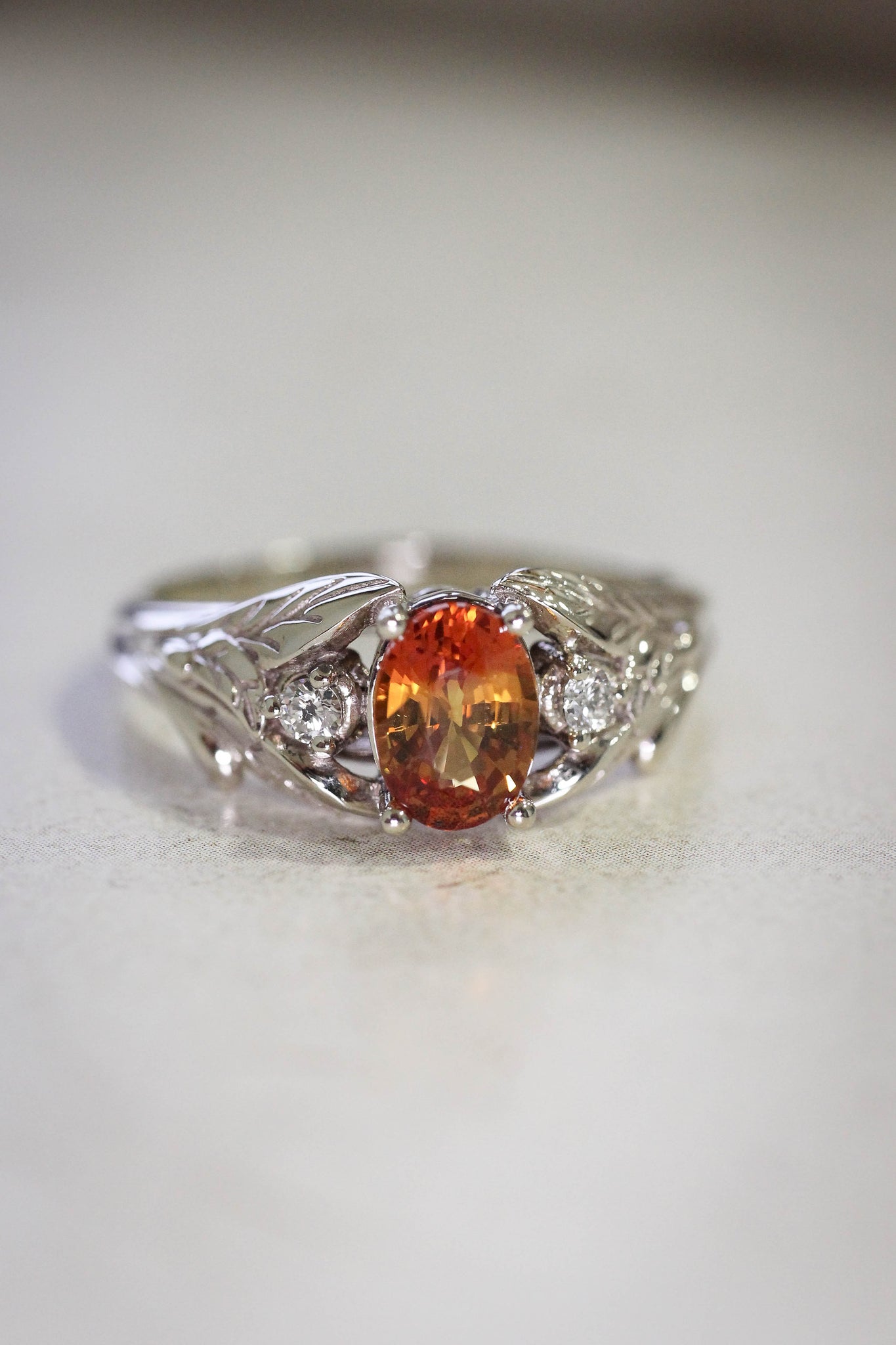 Orange sapphire engagement ring with diamonds, leaf engagement ring / Wisteria - Eden Garden Jewelry™