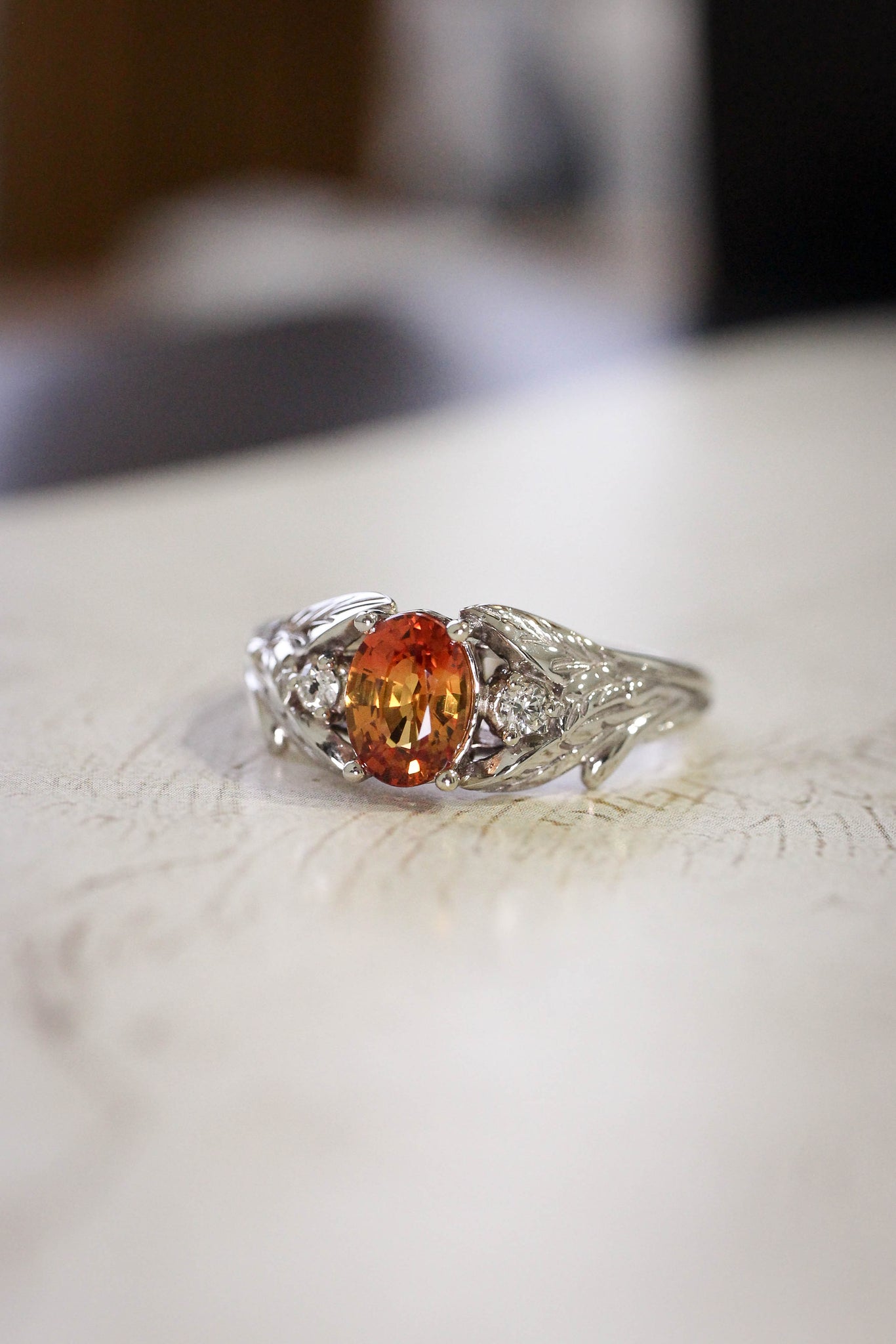Orange sapphire engagement ring with diamonds, leaf engagement ring / Wisteria - Eden Garden Jewelry™