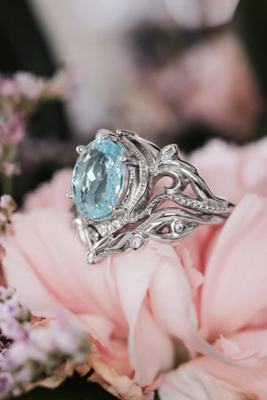 Art nouveau bridal ring set with aquamarine / Lida oval - Eden Garden Jewelry™