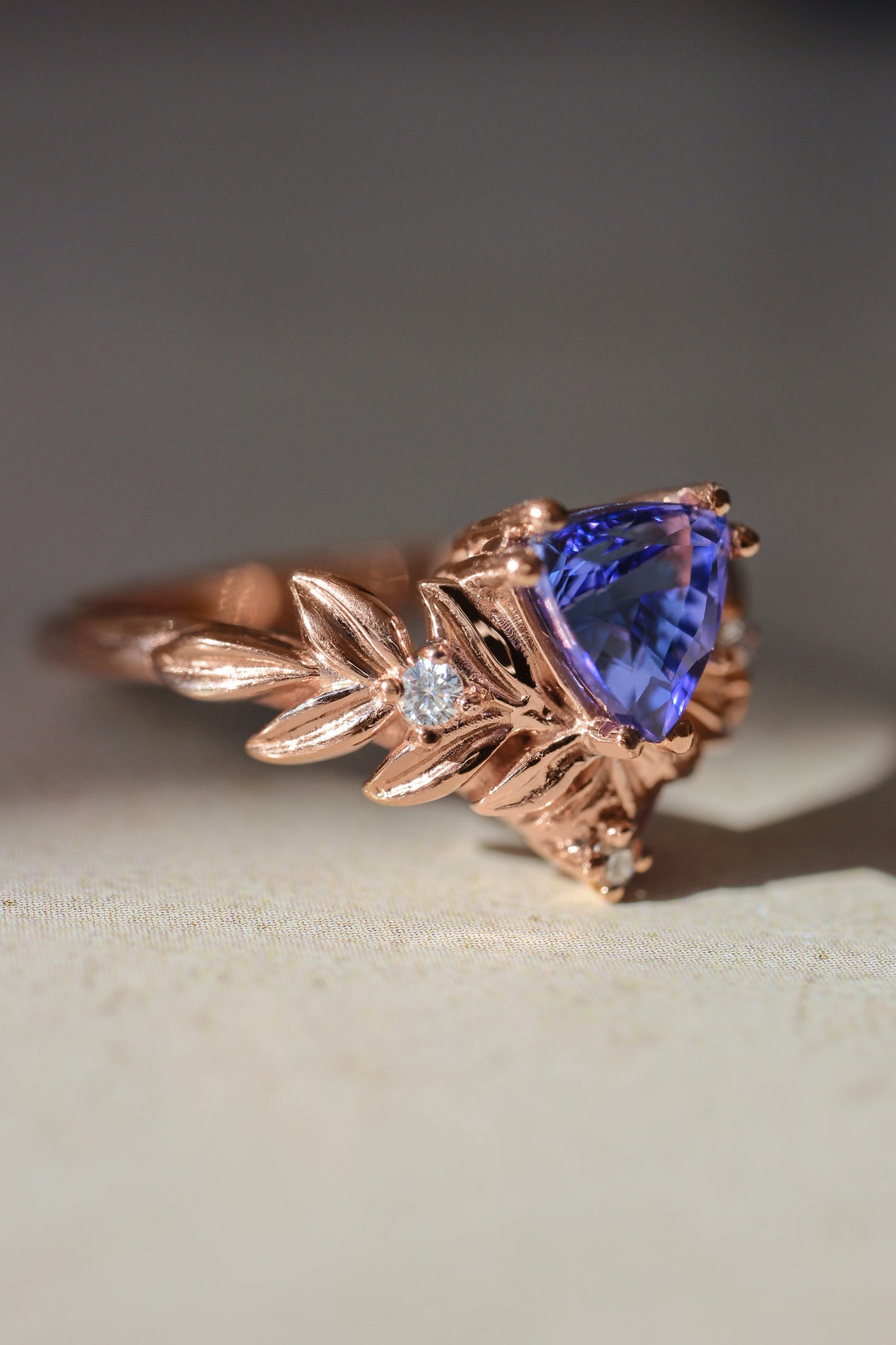 Trillion cut tanzanite engagement ring, leaf ring - Eden Garden Jewelry™