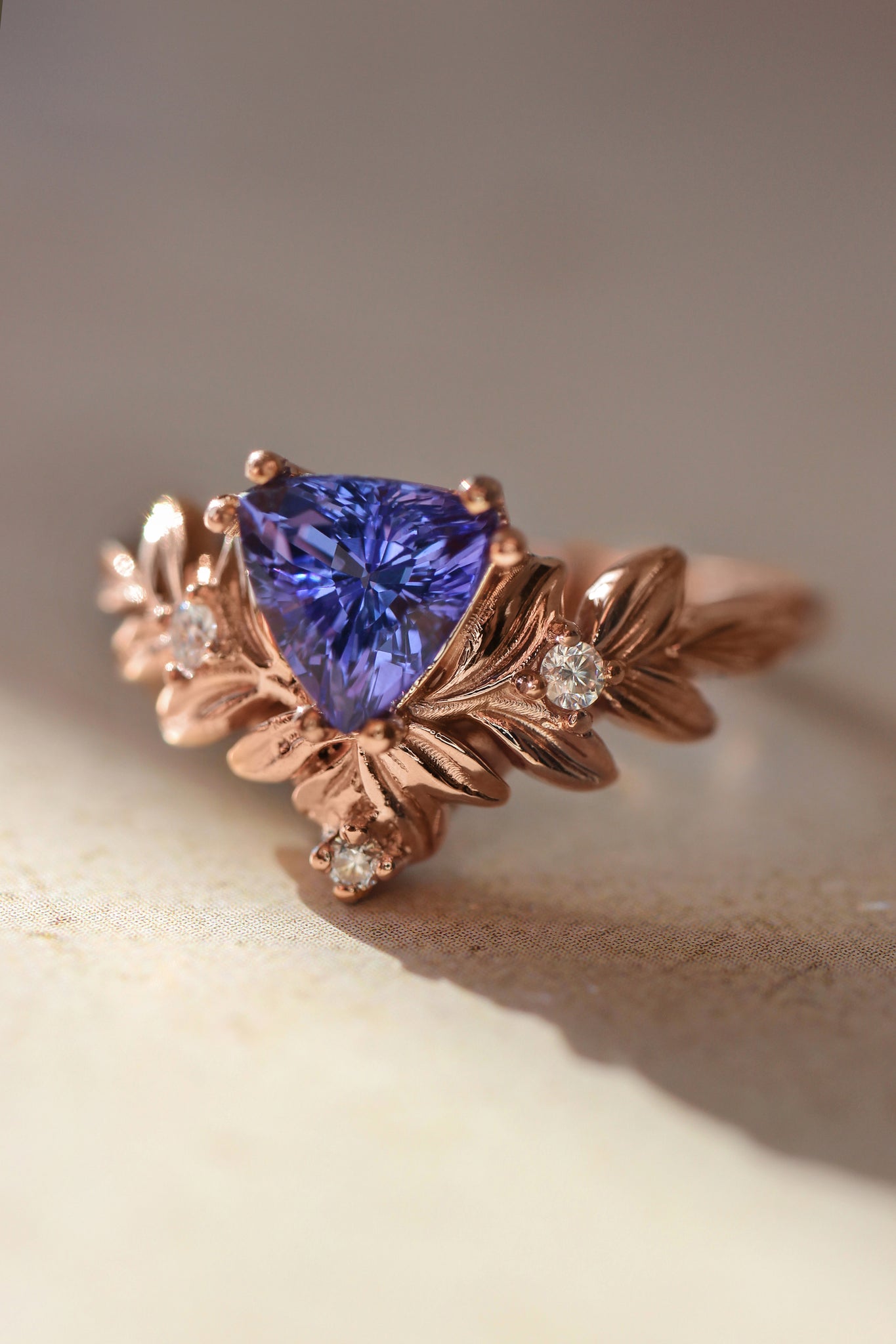 Trillion cut tanzanite engagement ring, leaf ring - Eden Garden Jewelry™