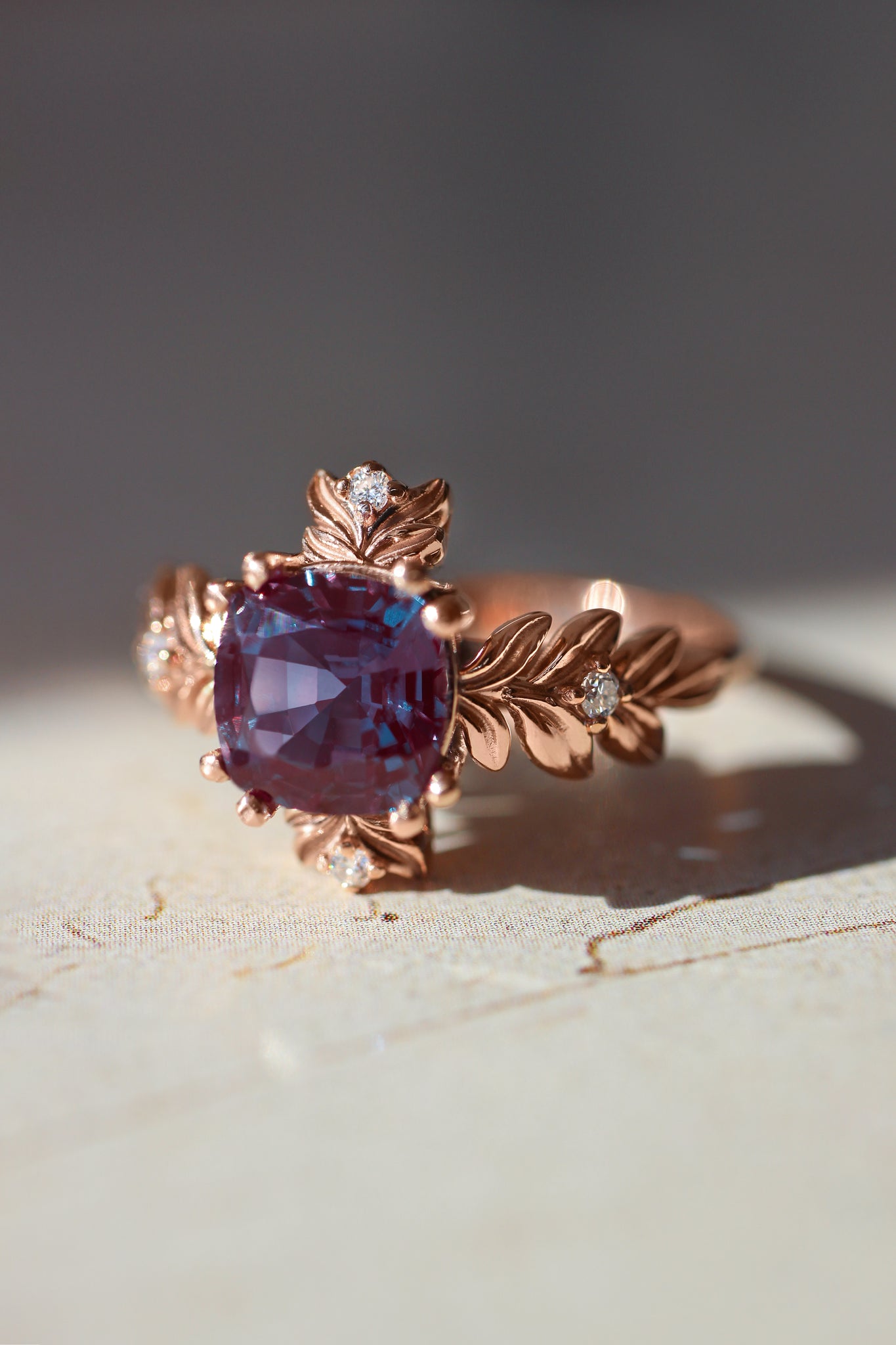 Cushion alexandrite ring with diamonds, leaf engagement ring - Eden Garden Jewelry™