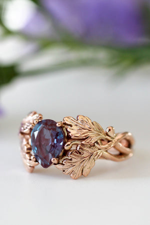Maple leaves ring with pear cut alexandrite - Eden Garden Jewelry™