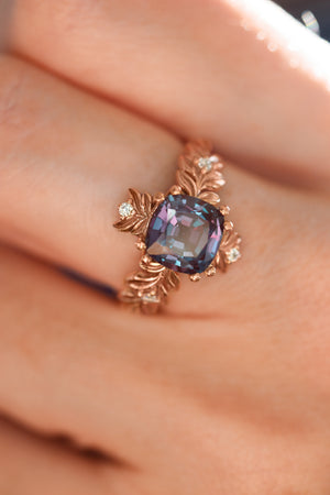 Cushion alexandrite ring with diamonds, leaf engagement ring - Eden Garden Jewelry™