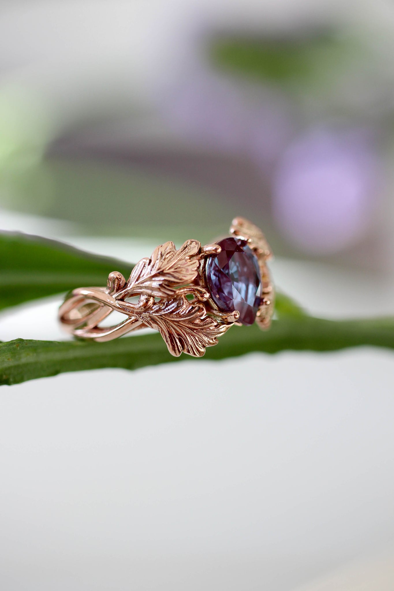 Maple leaves ring with pear cut alexandrite - Eden Garden Jewelry™