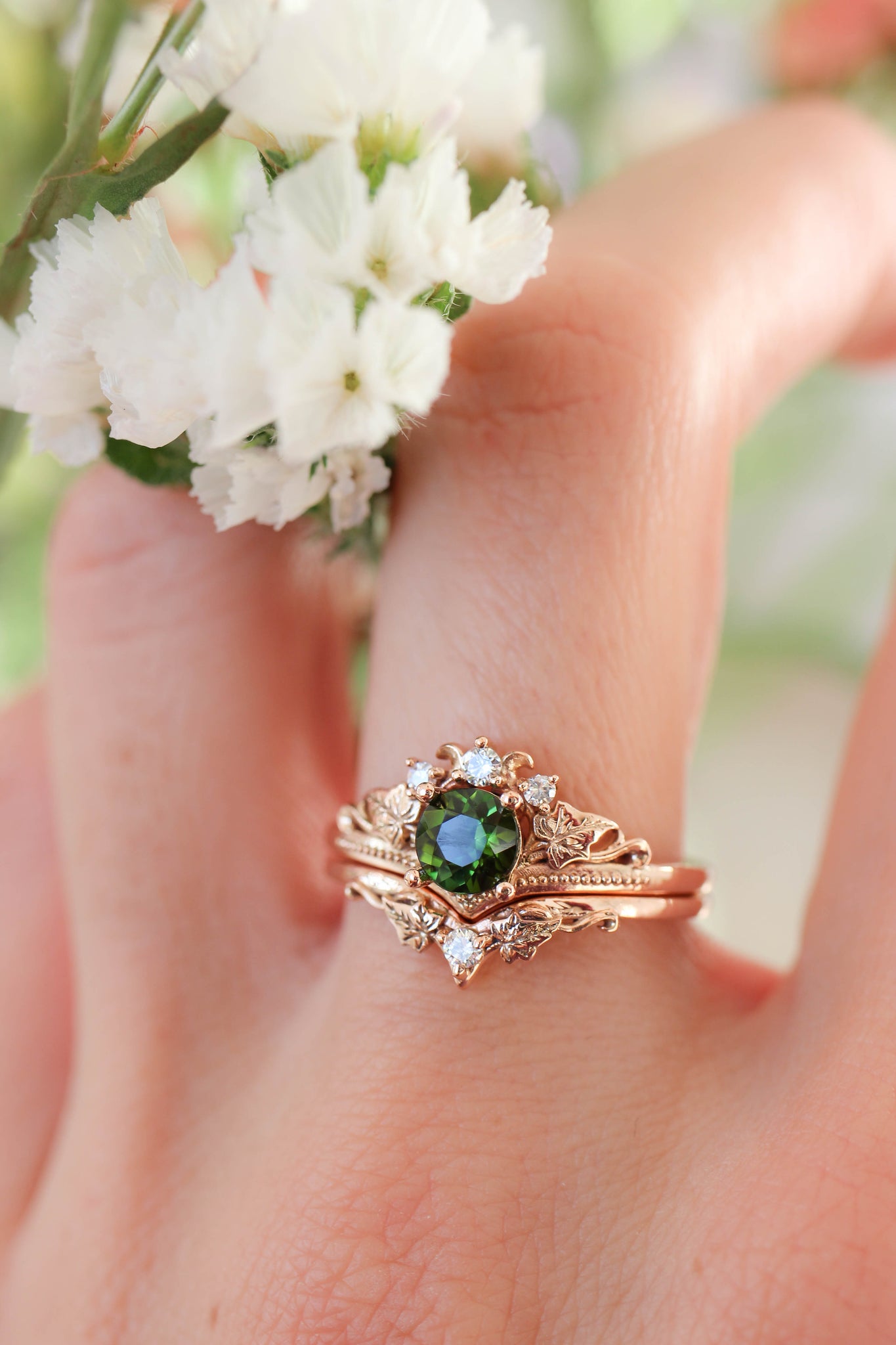 Bridal ring set with tourmaline and diamonds / Ariadne - Eden Garden Jewelry™