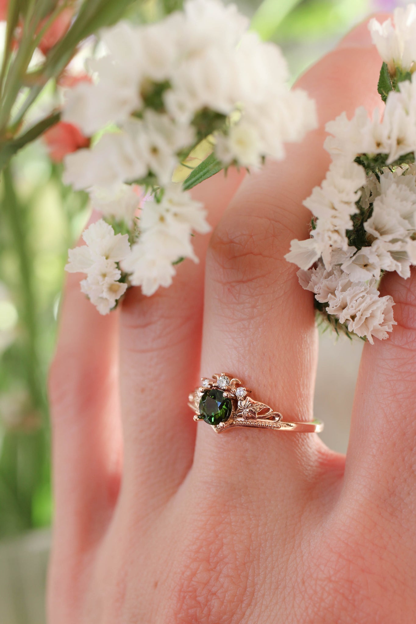 Green tourmaline and diamonds engagement ring / Ariadne - Eden Garden Jewelry™