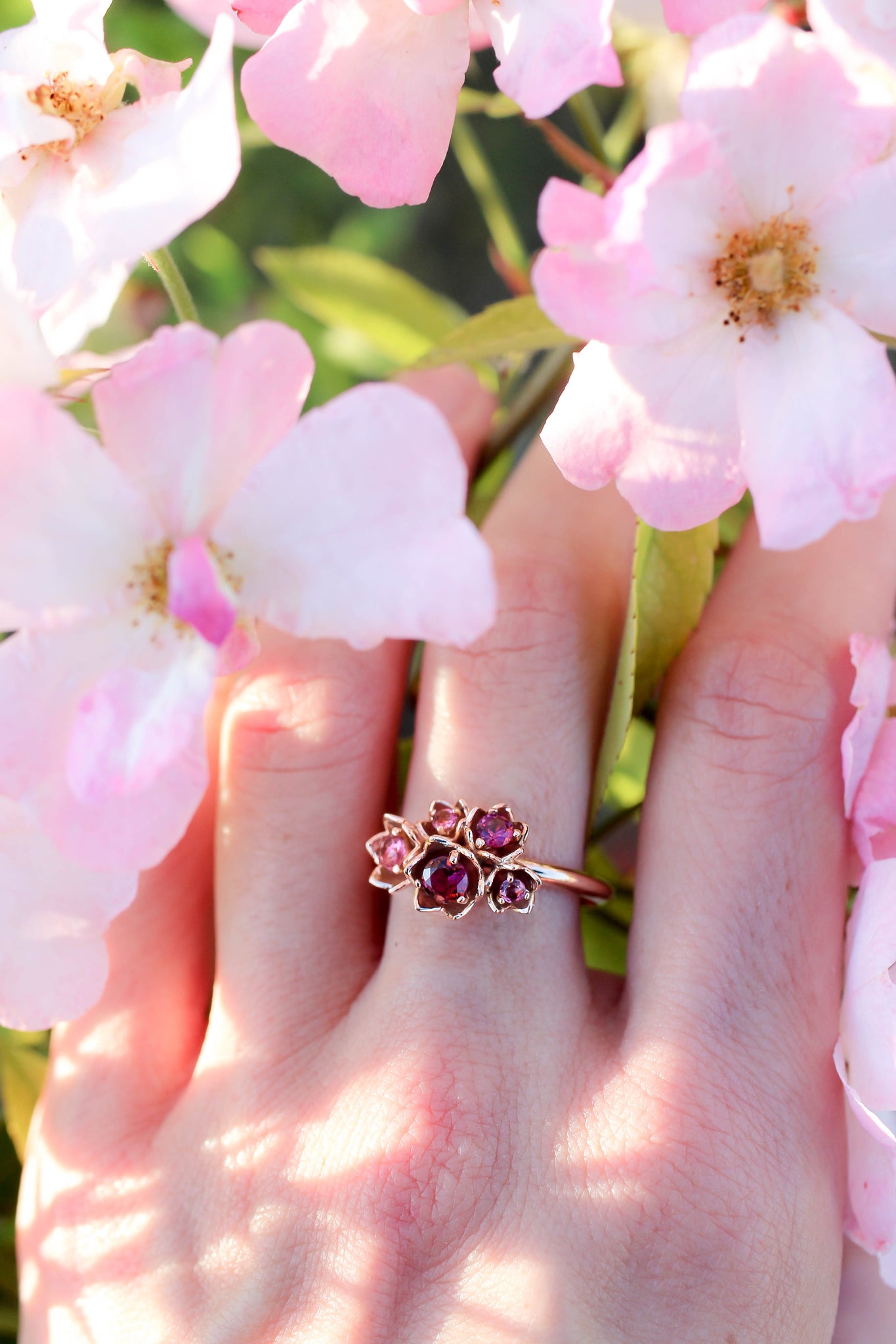 Lily of the valley ring with pink tourmalines - Eden Garden Jewelry™