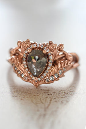 Bridal ring set with salt & pepper diamond and white diamond halo / Adonis - Eden Garden Jewelry™