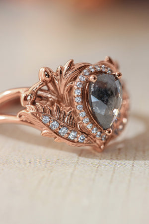Bridal ring set with salt & pepper diamond and white diamond halo / Adonis - Eden Garden Jewelry™