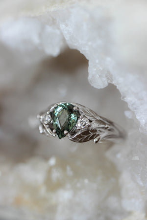 Green sapphire ring with diamonds, leaves engagement ring / Wisteria - Eden Garden Jewelry™