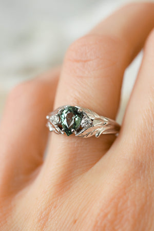 Green sapphire ring with diamonds, leaves engagement ring / Wisteria - Eden Garden Jewelry™