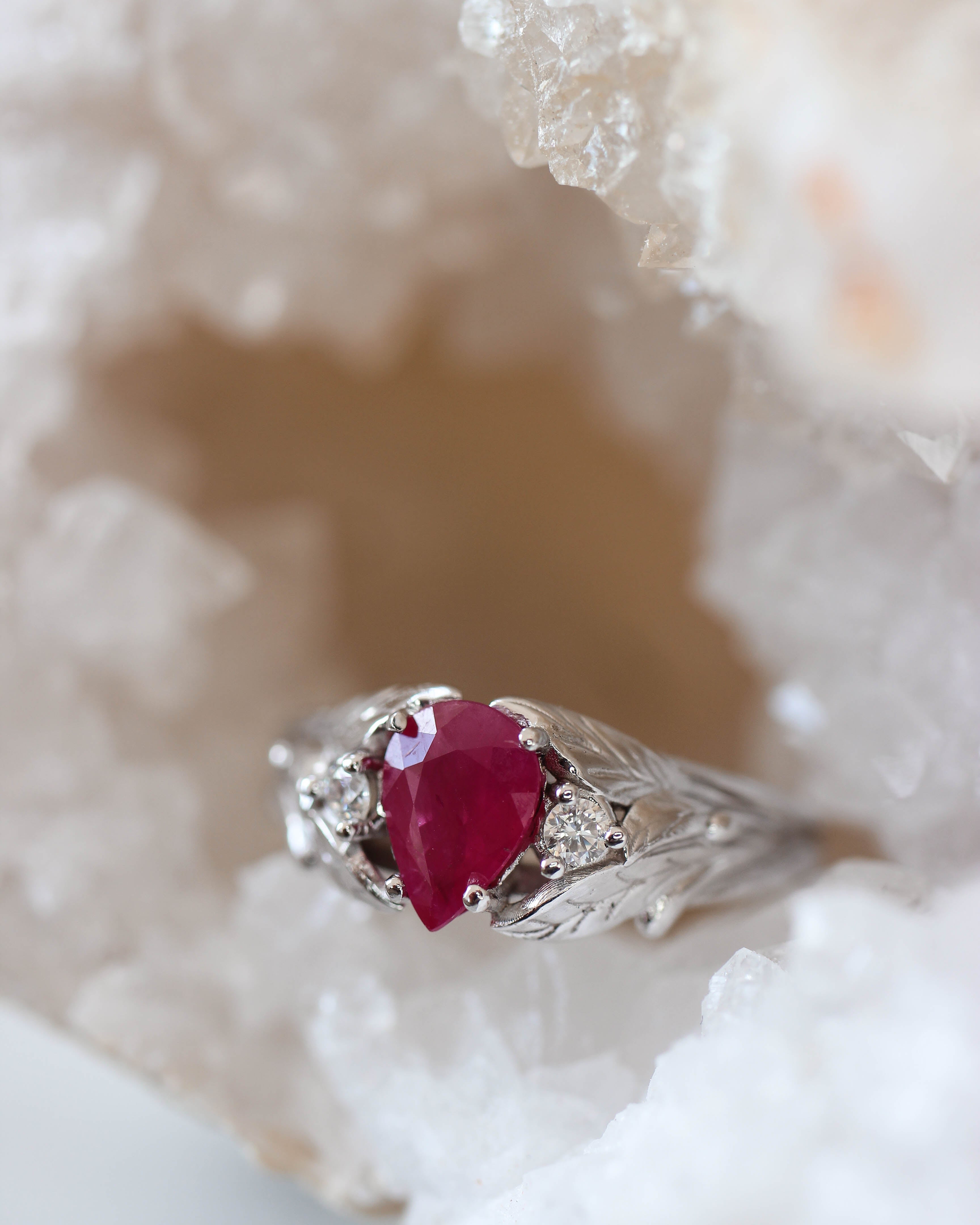 Natural ruby ring with diamonds, leaves engagement ring / Wisteria - Eden Garden Jewelry™