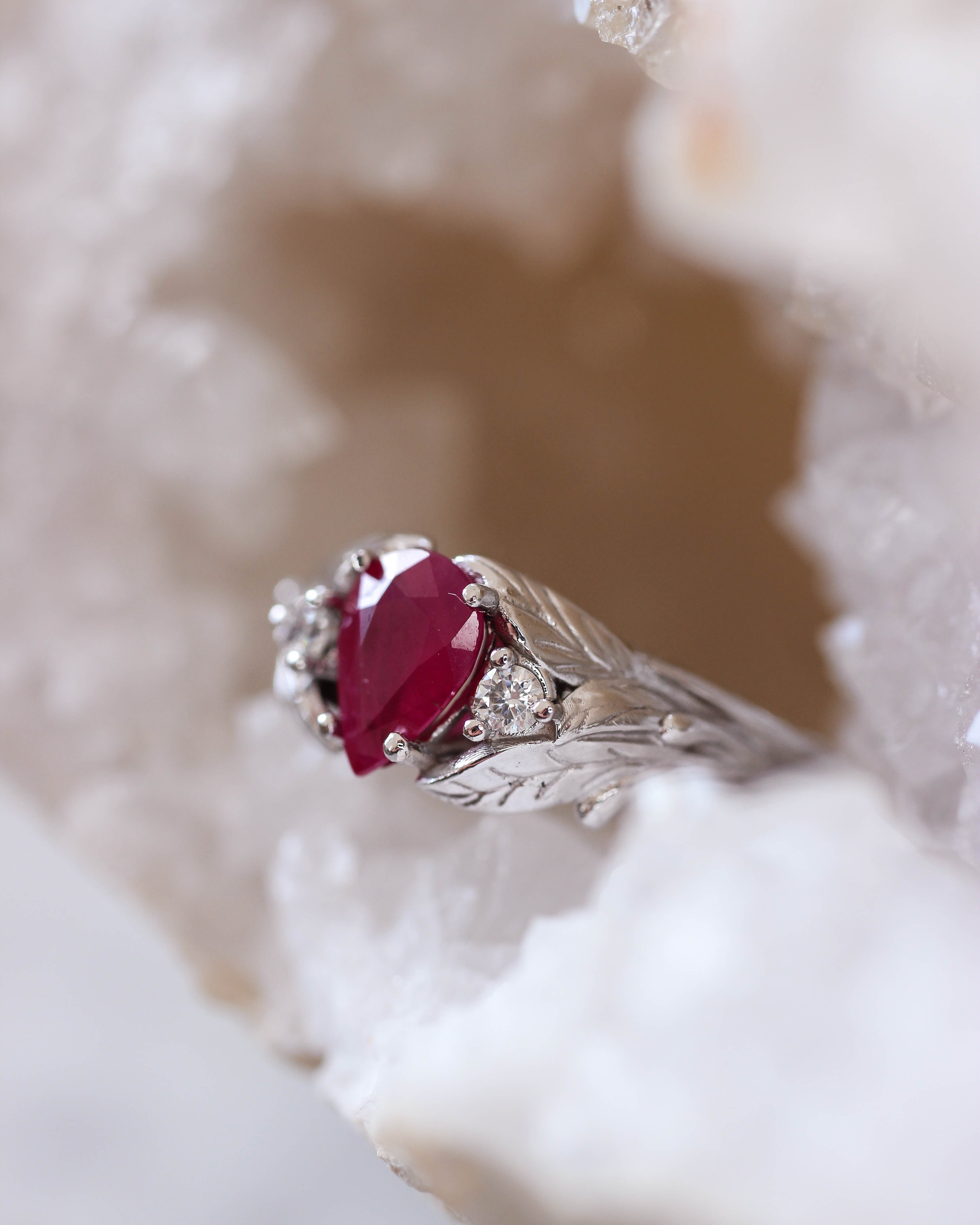 Natural ruby ring with diamonds, leaves engagement ring / Wisteria - Eden Garden Jewelry™