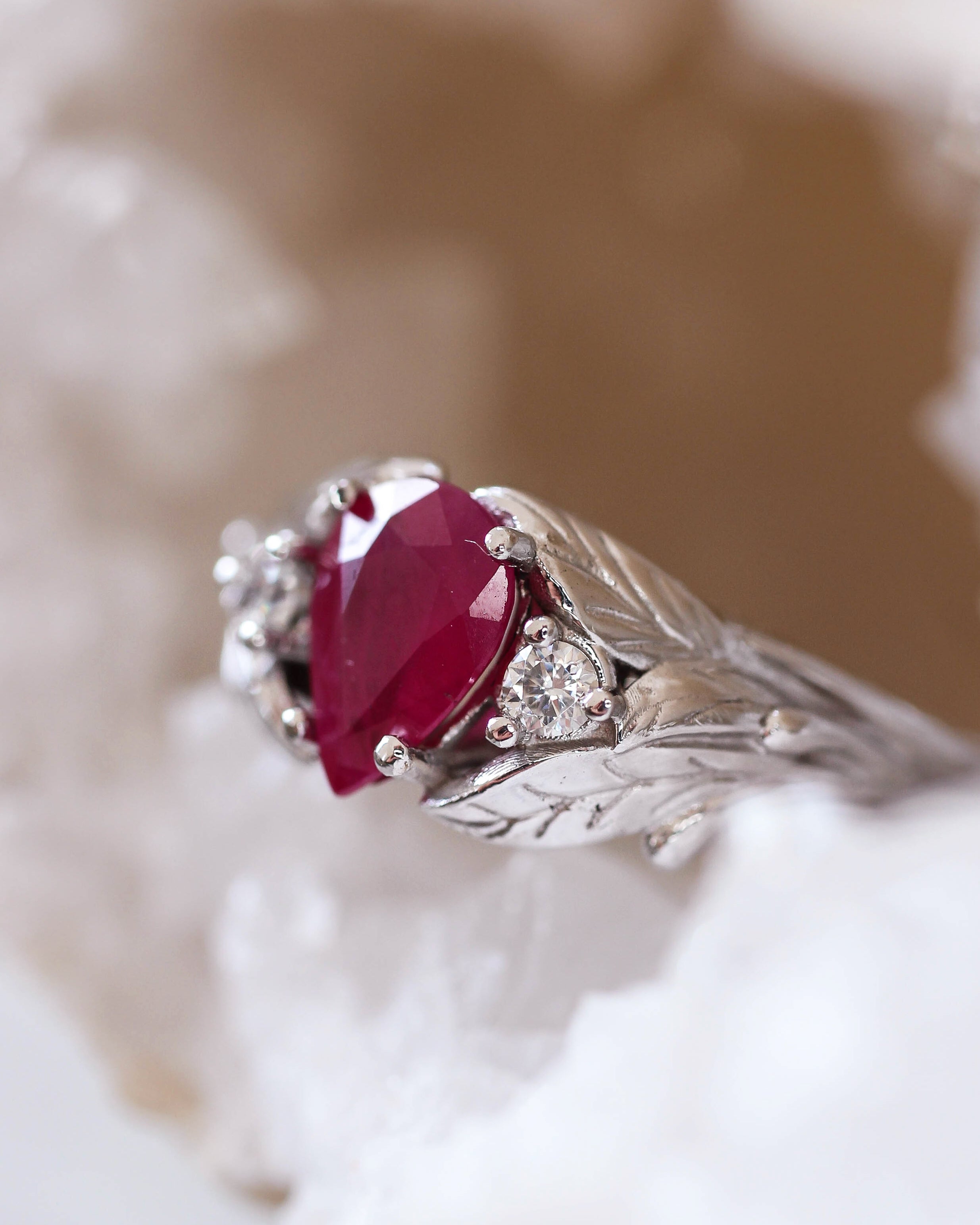 Natural ruby ring with diamonds, leaves engagement ring / Wisteria - Eden Garden Jewelry™
