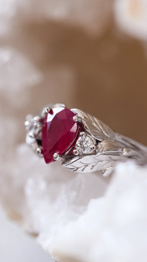 Natural ruby ring with diamonds, leaves engagement ring / Wisteria - Eden Garden Jewelry™