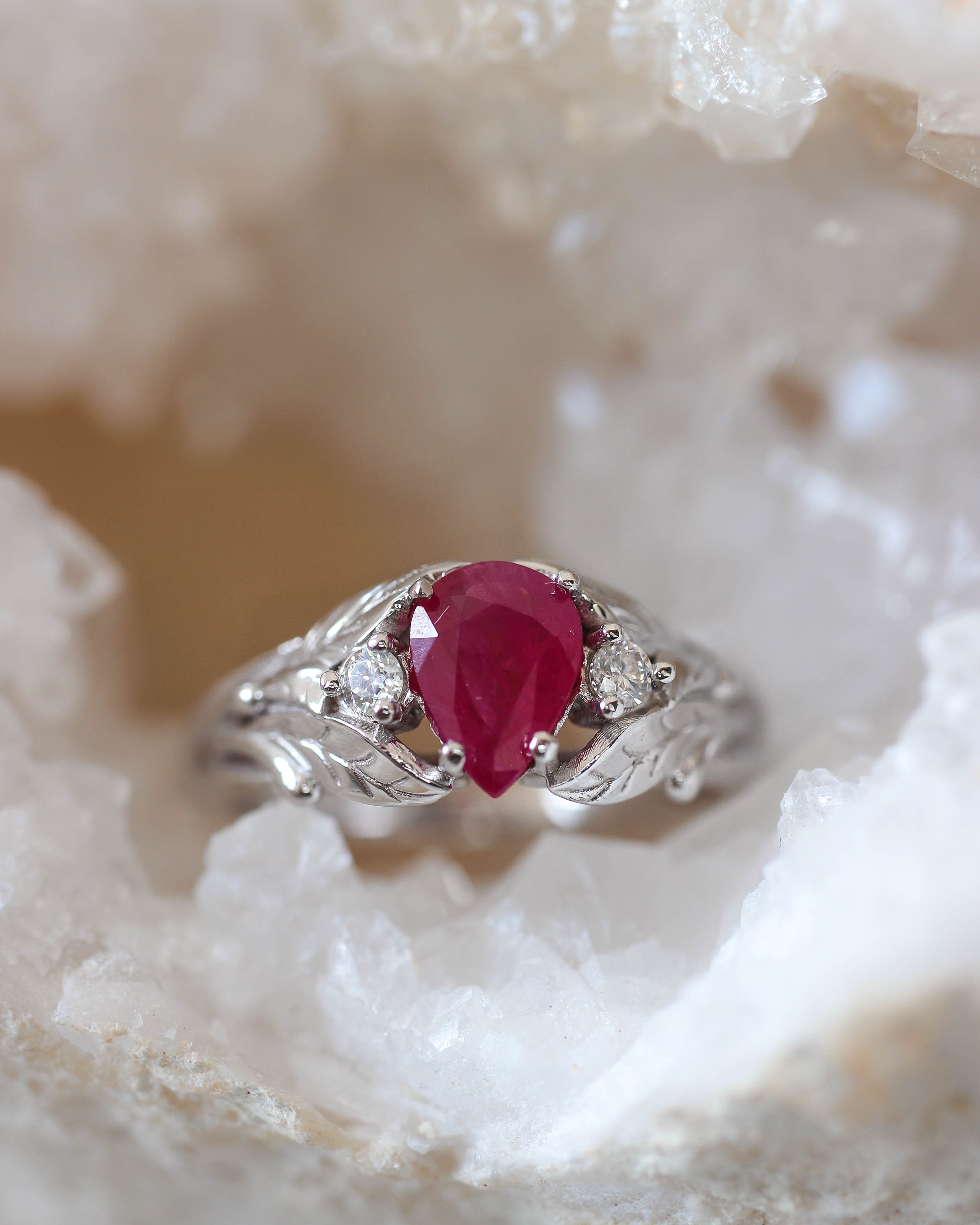 Natural ruby ring with diamonds, leaves engagement ring / Wisteria - Eden Garden Jewelry™