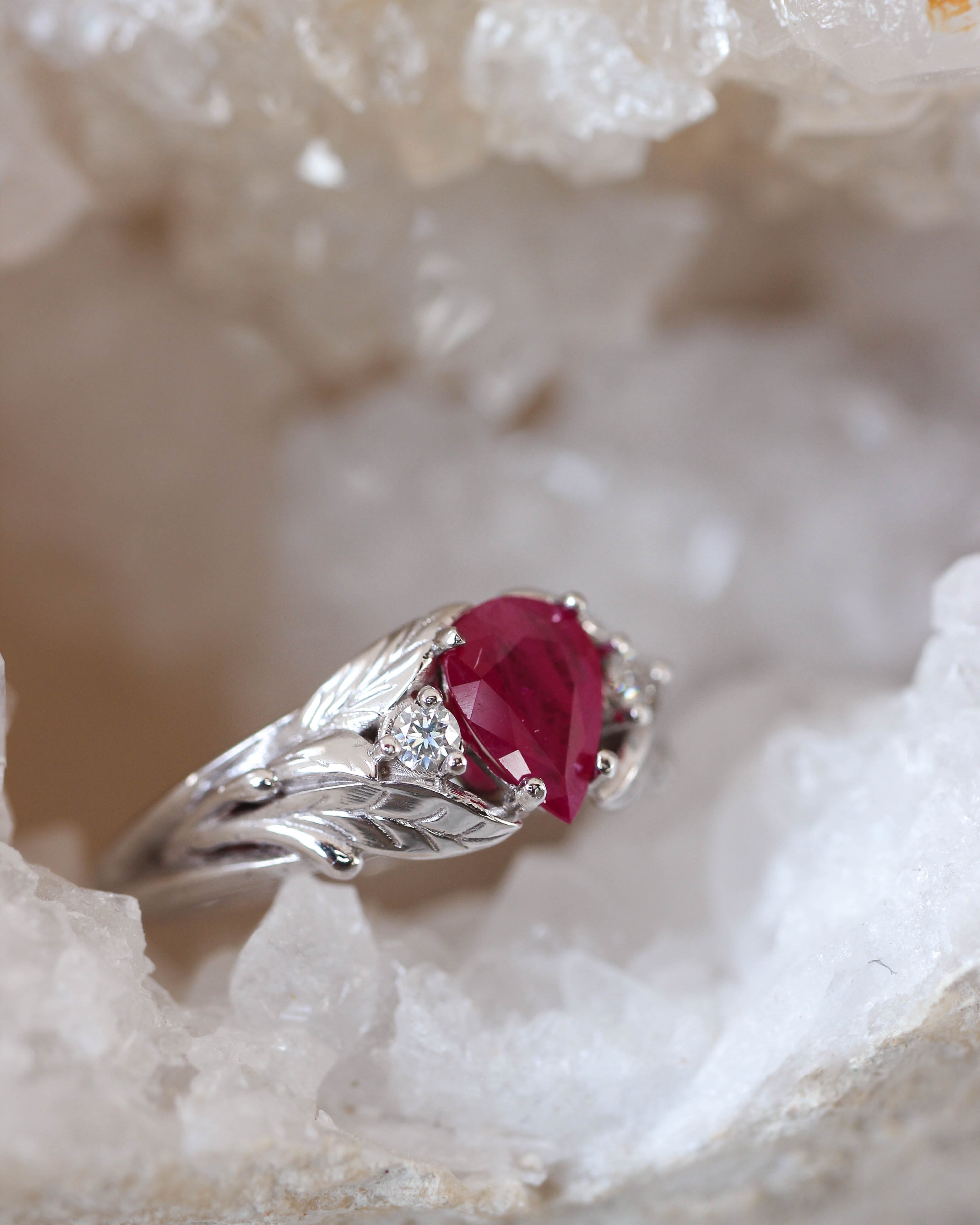 Natural ruby ring with diamonds, leaves engagement ring / Wisteria - Eden Garden Jewelry™
