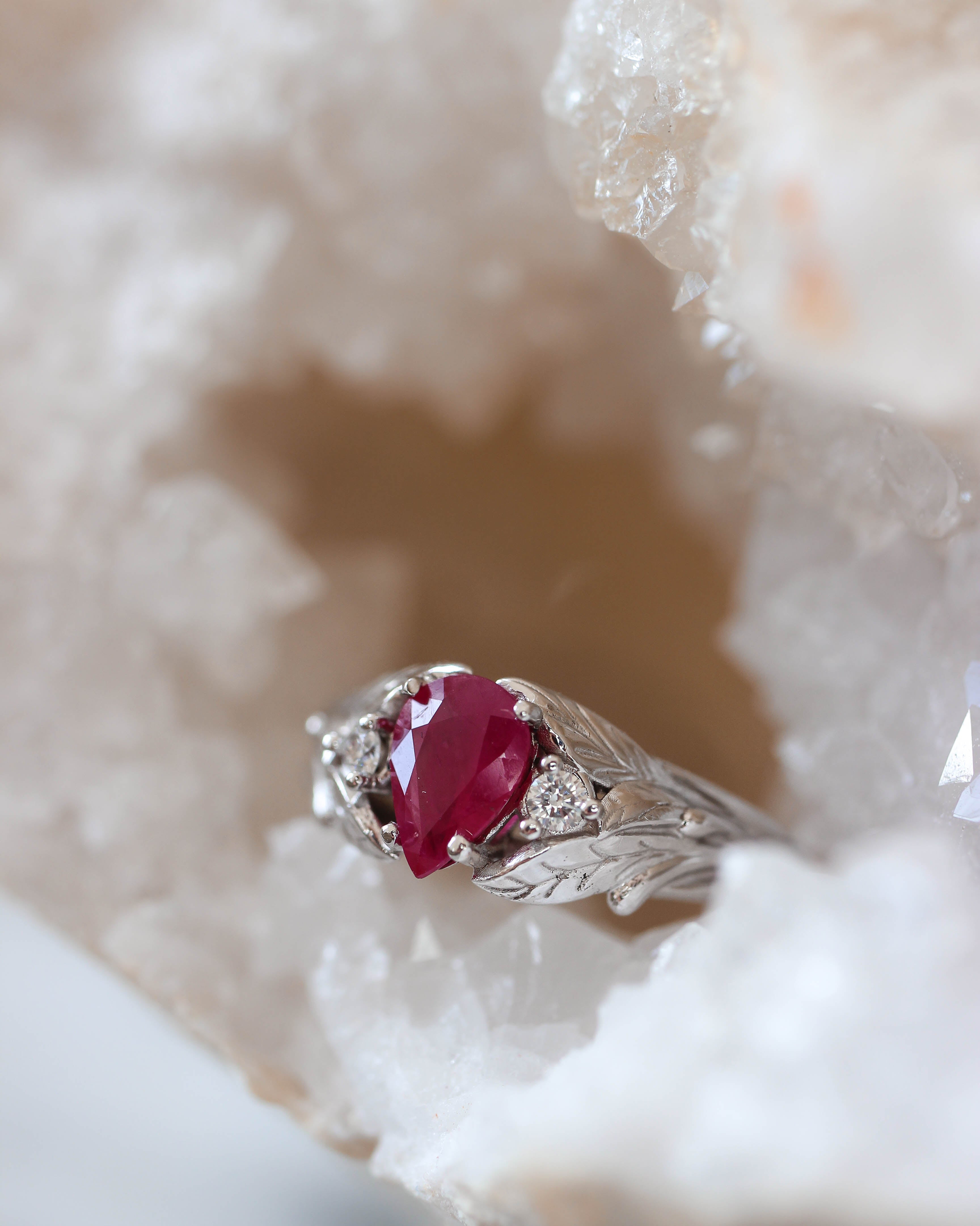 Natural ruby ring with diamonds, leaves engagement ring / Wisteria - Eden Garden Jewelry™