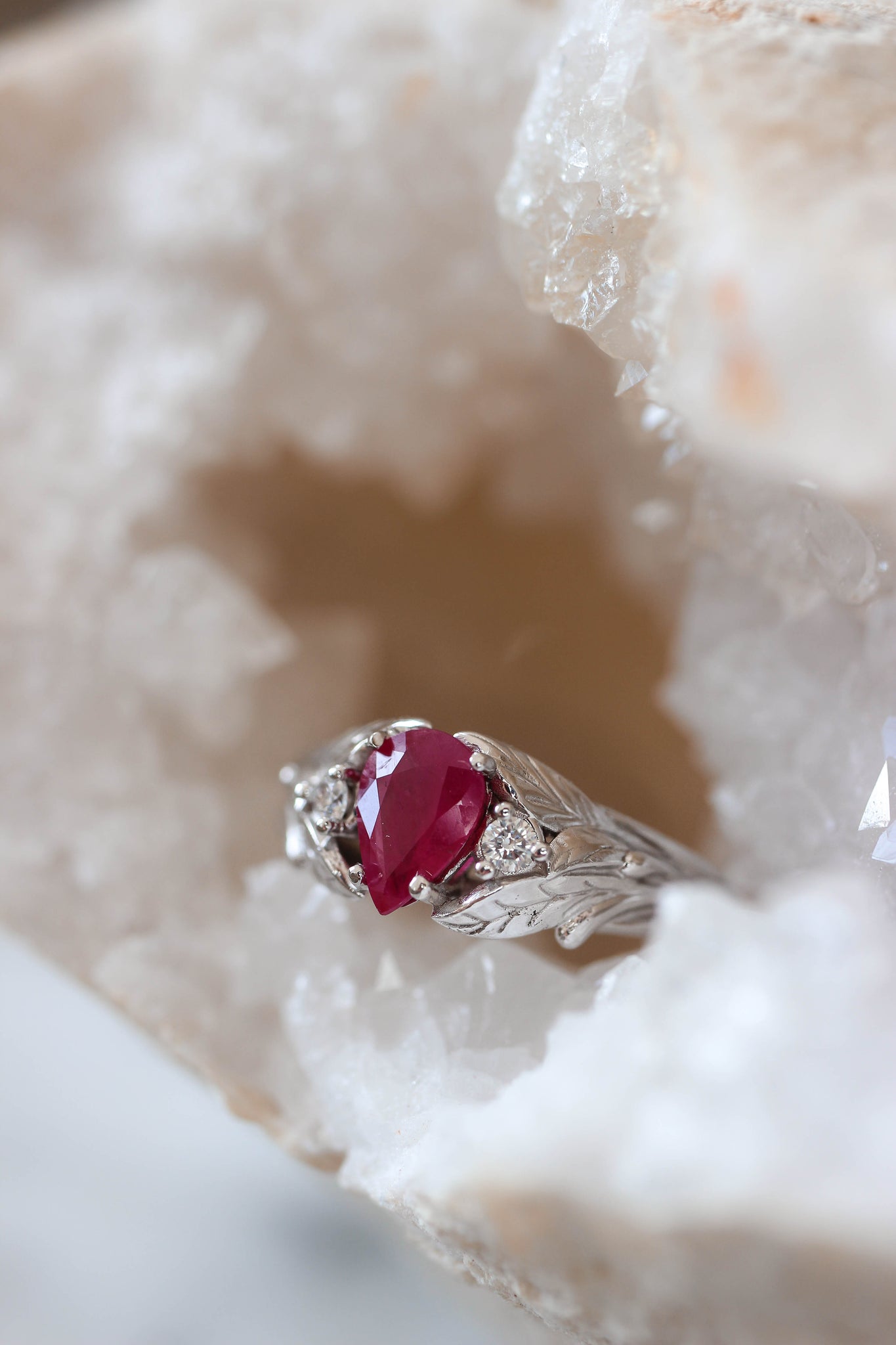 Natural ruby ring with diamonds, leaves engagement ring / Wisteria - Eden Garden Jewelry™