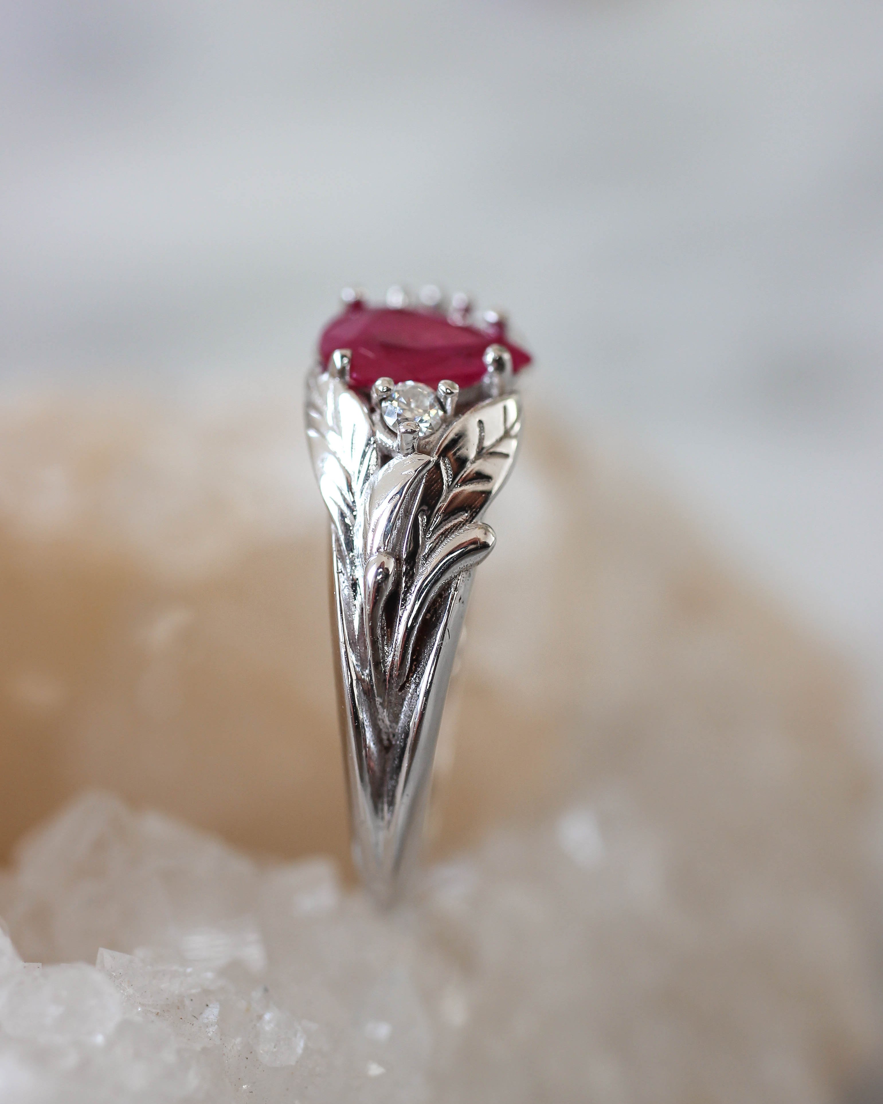 Natural ruby ring with diamonds, leaves engagement ring / Wisteria - Eden Garden Jewelry™