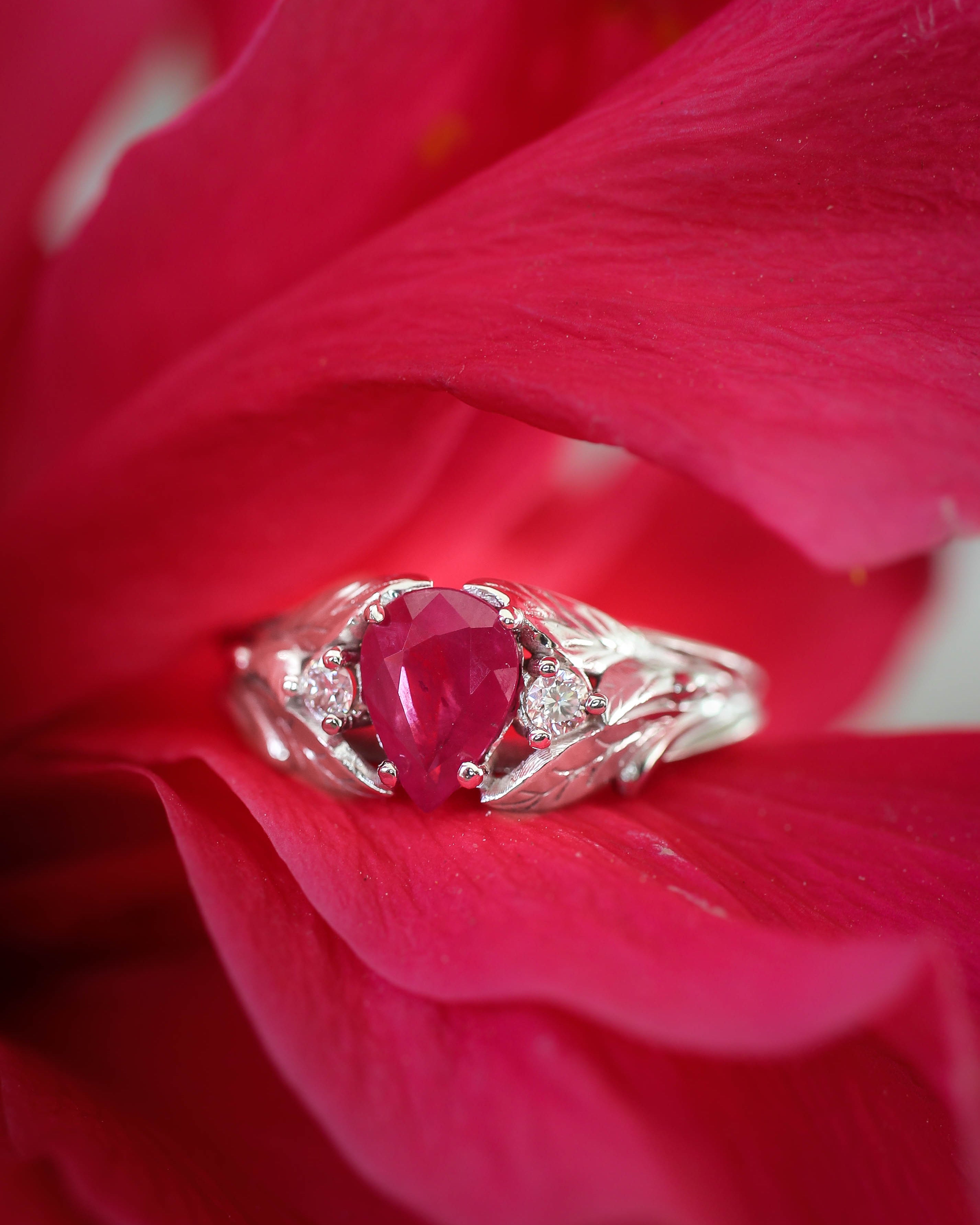 Natural ruby ring with diamonds, leaves engagement ring / Wisteria - Eden Garden Jewelry™