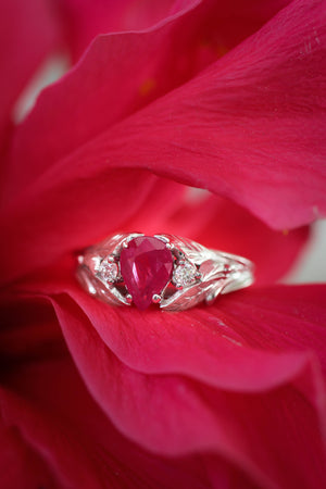 Natural ruby ring with diamonds, leaves engagement ring / Wisteria - Eden Garden Jewelry™