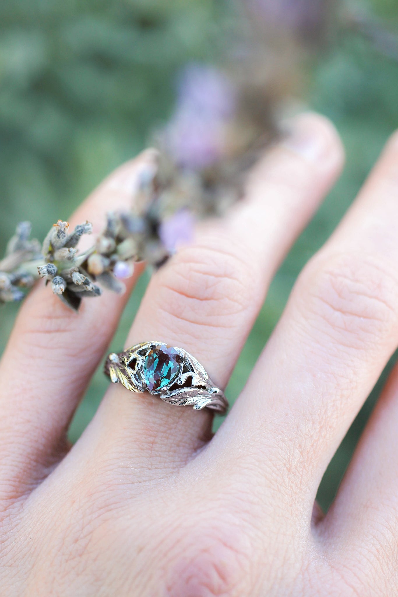 Pear alexandrite ring, gold leaves engagement ring / Wisteria - Eden Garden Jewelry™